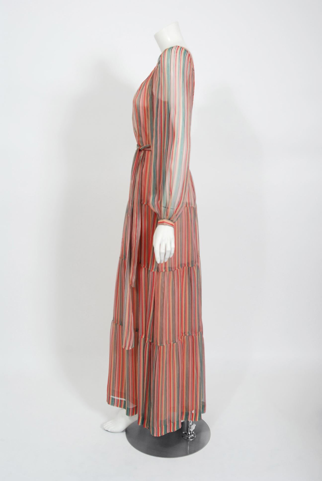 Vintage 1970s Givenchy Colorful Stripe Silk-Chiffon Billow Sleeve Bohemian Dress For Sale 1