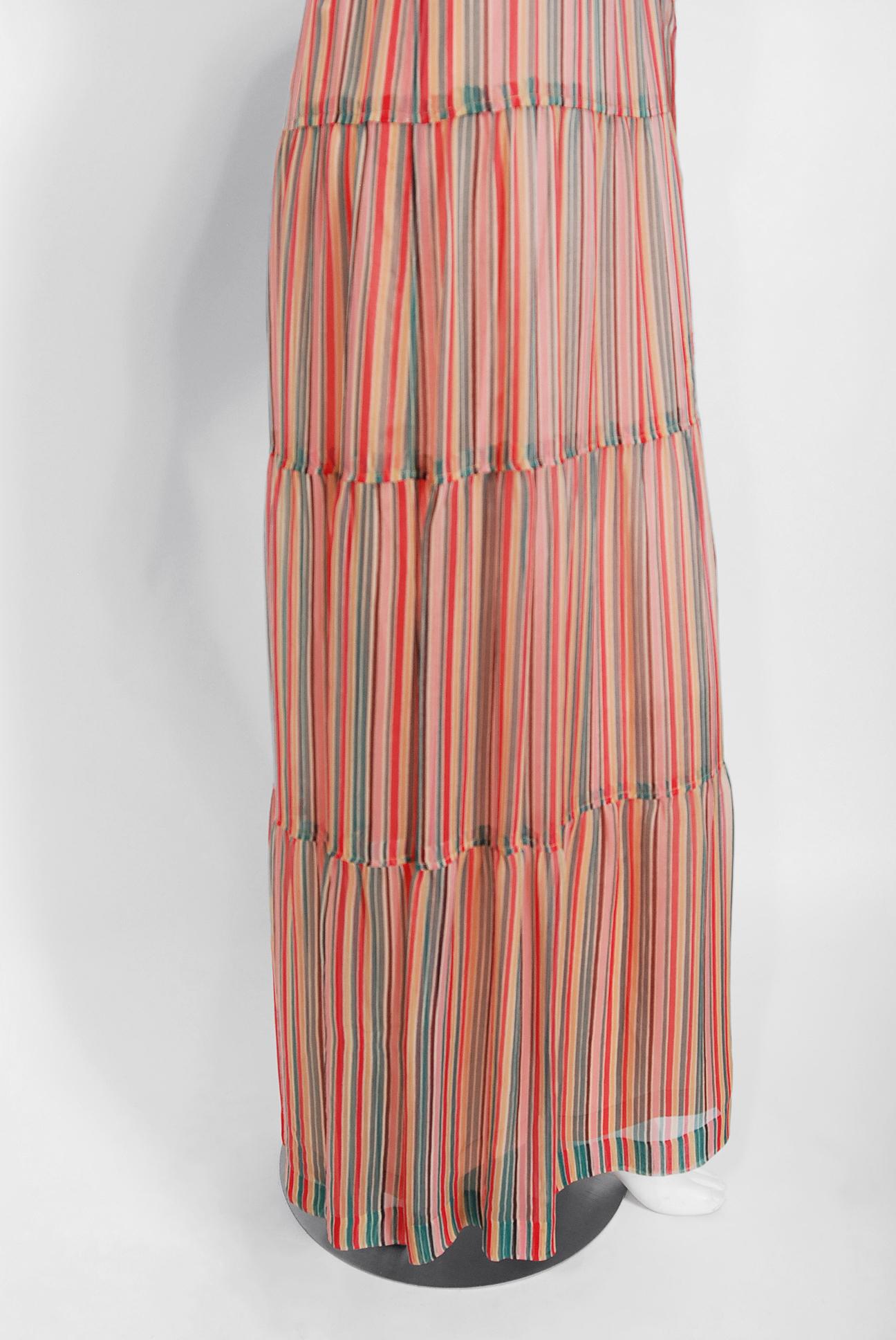 Vintage 1970s Givenchy Colorful Stripe Silk-Chiffon Billow Sleeve Bohemian Dress For Sale 2
