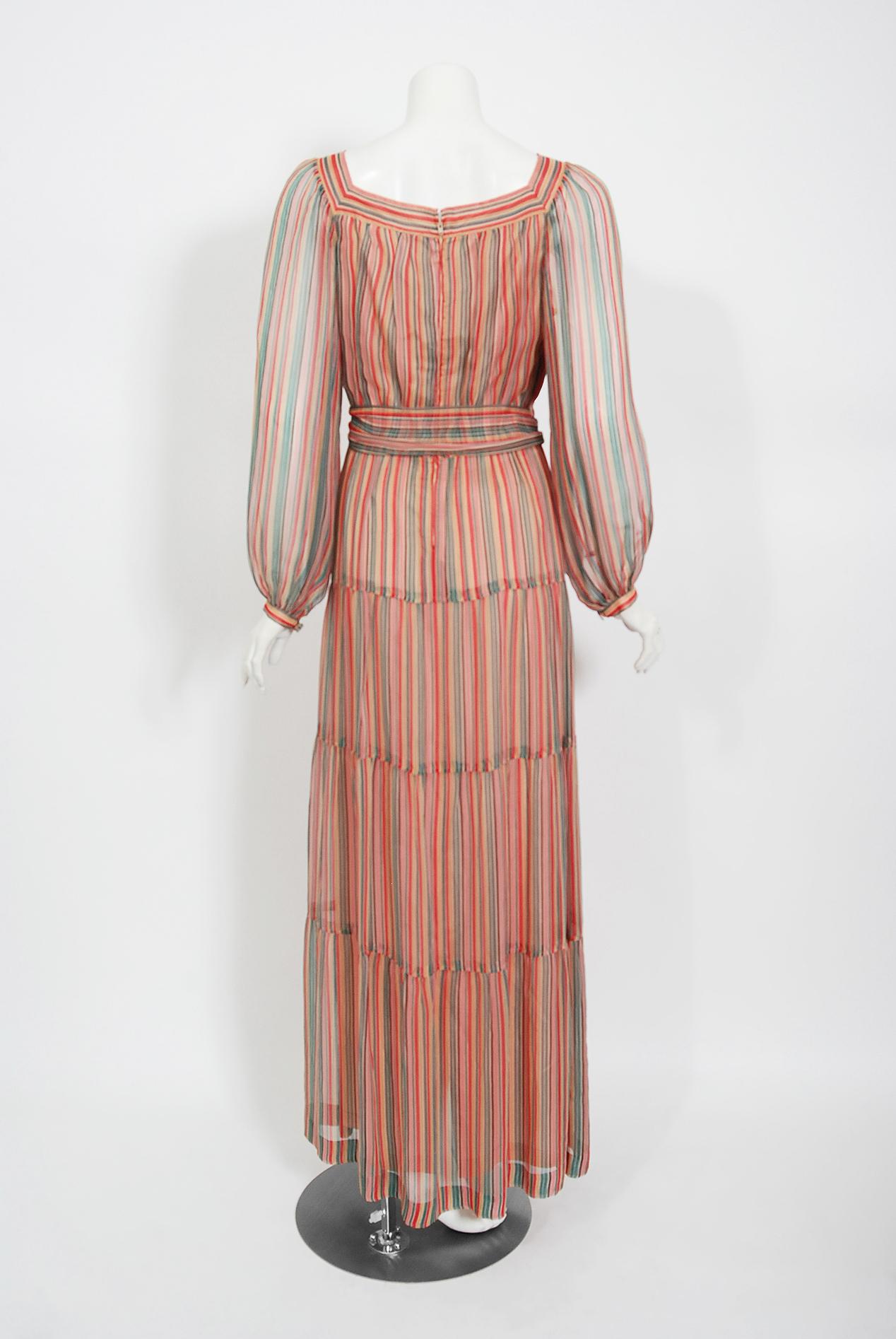 Vintage 1970s Givenchy Colorful Stripe Silk-Chiffon Billow Sleeve Bohemian Dress For Sale 3