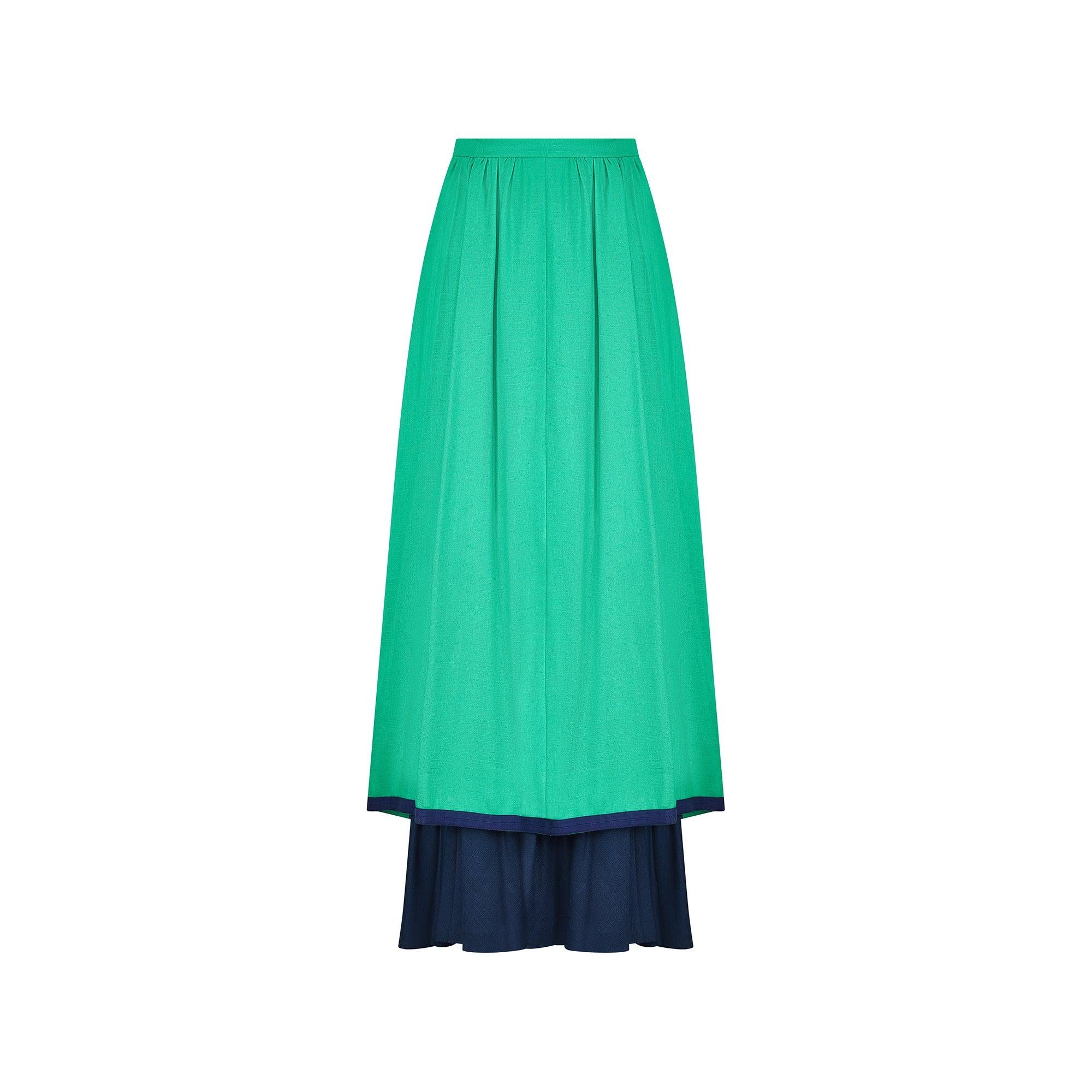 Ensemble de défilé Givenchy de 1977 en lin vert et soie bleu marine en vente 1