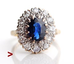 1977 Halo Ring solid 18K Gold 2.45ct Sapphire 0.7ct Diamonds Ø6.5US/5.6g