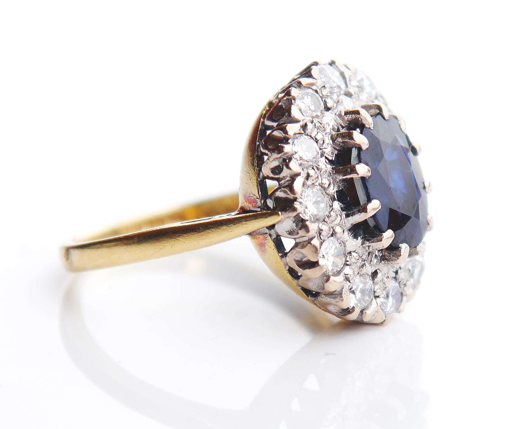 Old European Cut 1977 Halo Ring solid 18K Gold 2.45ct Sapphire 0.7ct Diamonds Ø6.5US/5.6g For Sale