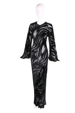 Halston Documented Black Silk Velvet Burnout Tulip Pattern Evening Gown, 1977