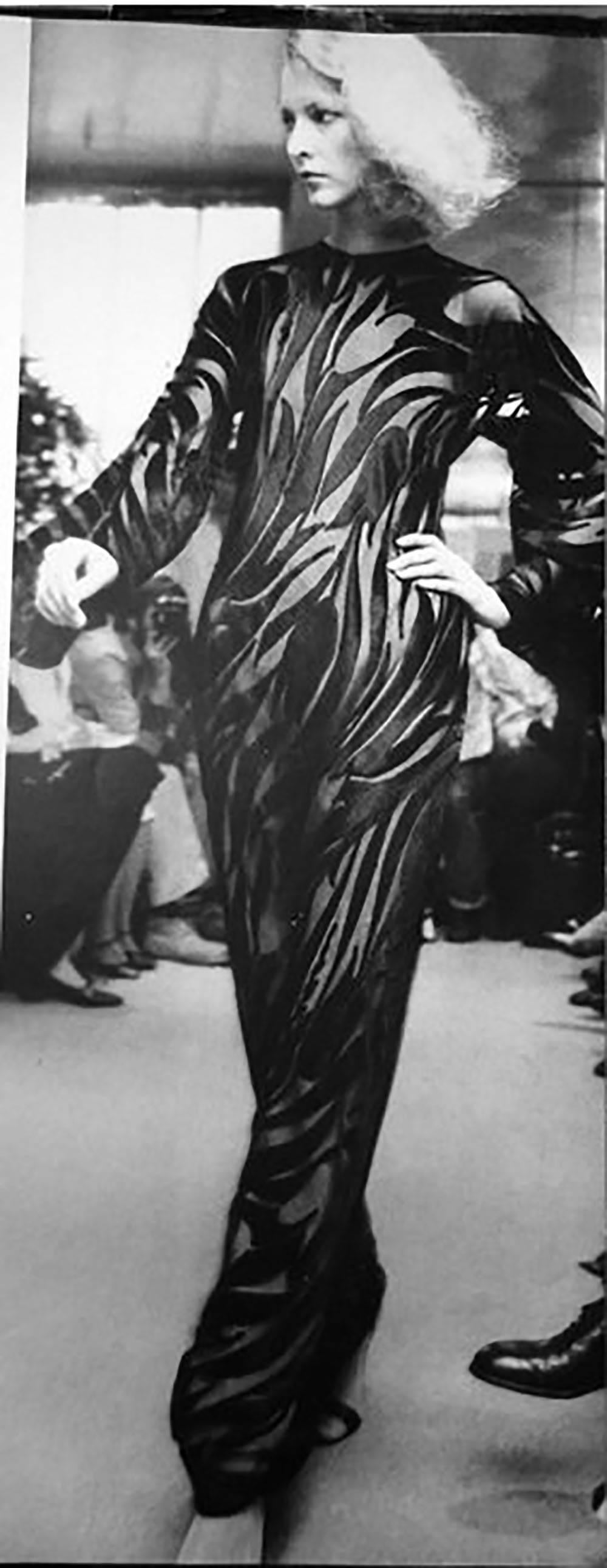 Halston Documented Black Silk Velvet Burnout Tulip Pattern Evening Gown, 1977  In Good Condition In Studio City, CA