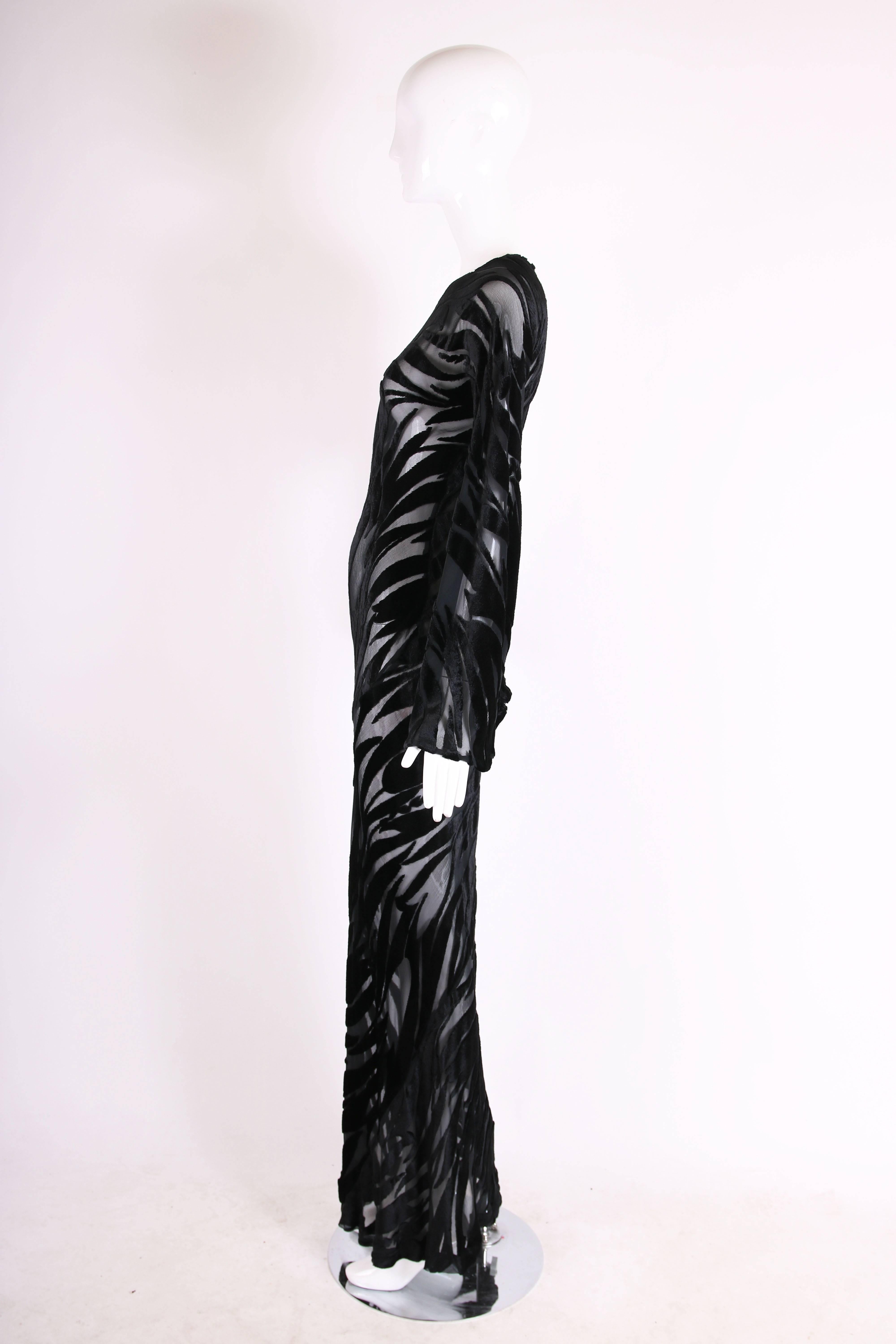 Women's Halston Documented Black Silk Velvet Burnout Tulip Pattern Evening Gown, 1977 