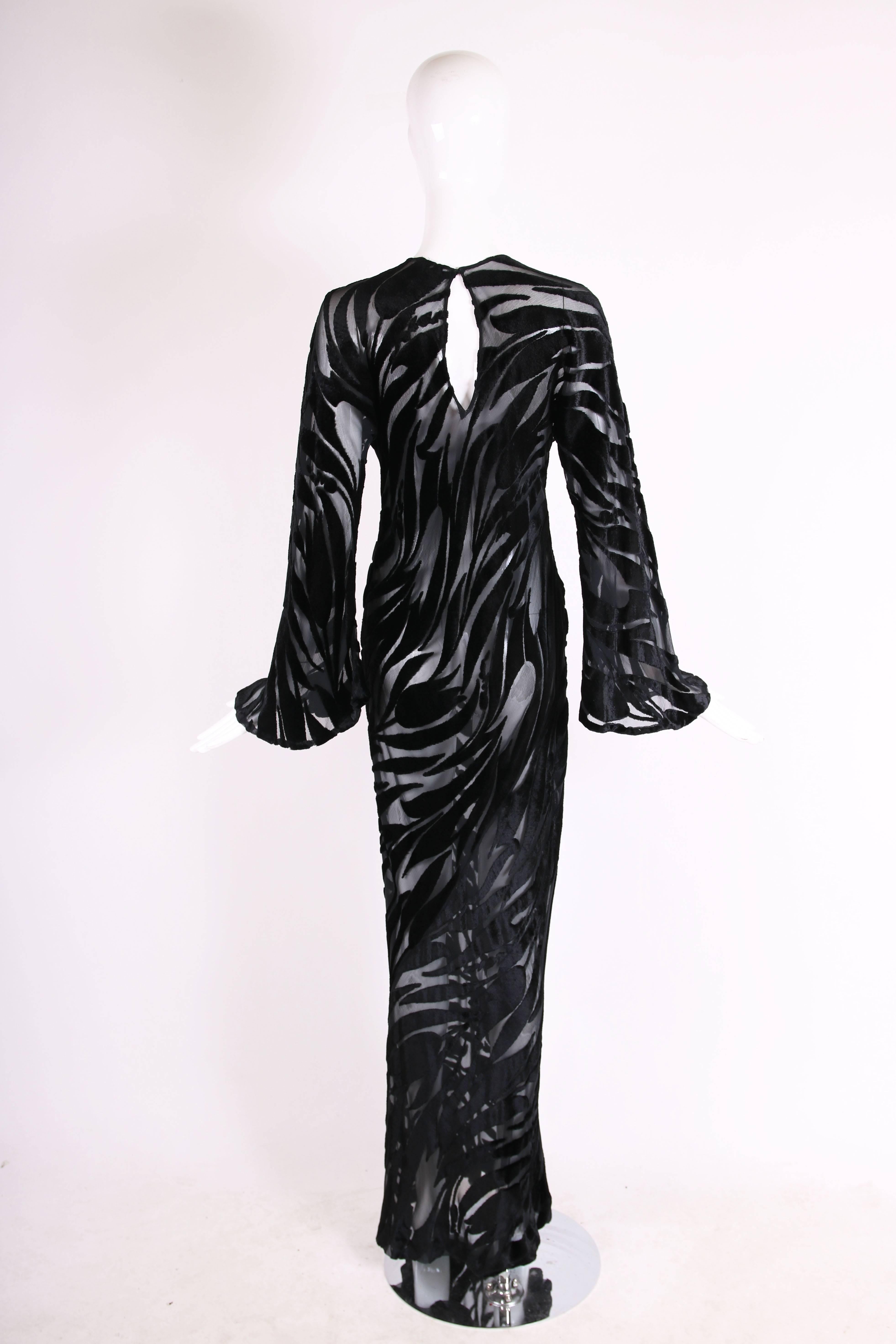 Halston Documented Black Silk Velvet Burnout Tulip Pattern Evening Gown, 1977  1