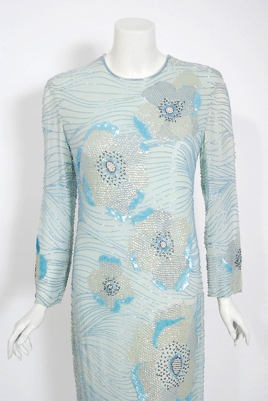 Gorgeous Halston light-blue beaded shift dress dating back to his 1977 couture collection. Halston revolutionized the way women dress and is one of the few designers, alongside Claire McCardell and Norman Norell, to define what is American fashion.