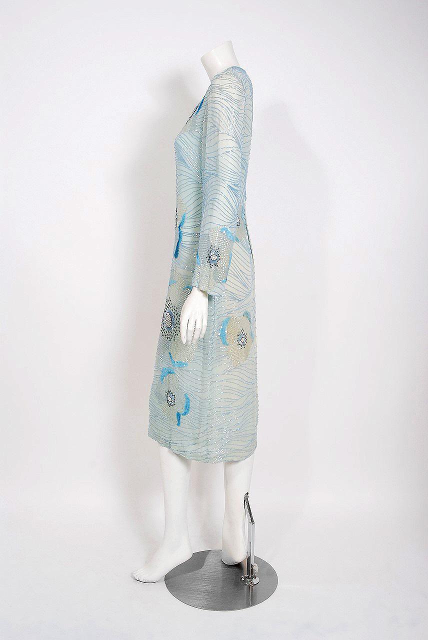 Women's Vintage 1970's Halston Couture Blue Beaded Floral Silk Crepe Long-Sleeve Dress For Sale