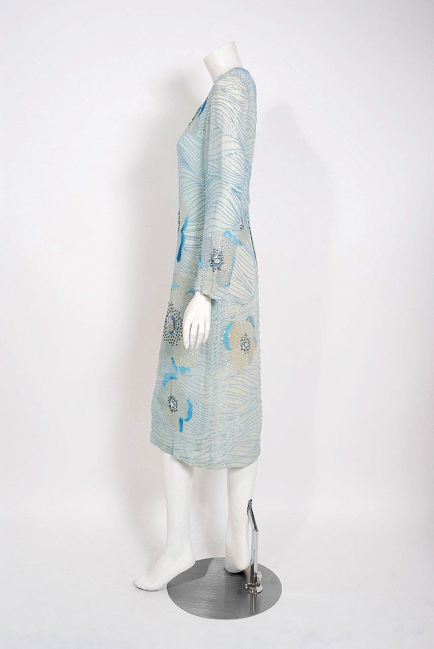 Women's Vintage 1970's Halston Couture Blue Beaded Floral Silk Crepe Long-Sleeve Dress