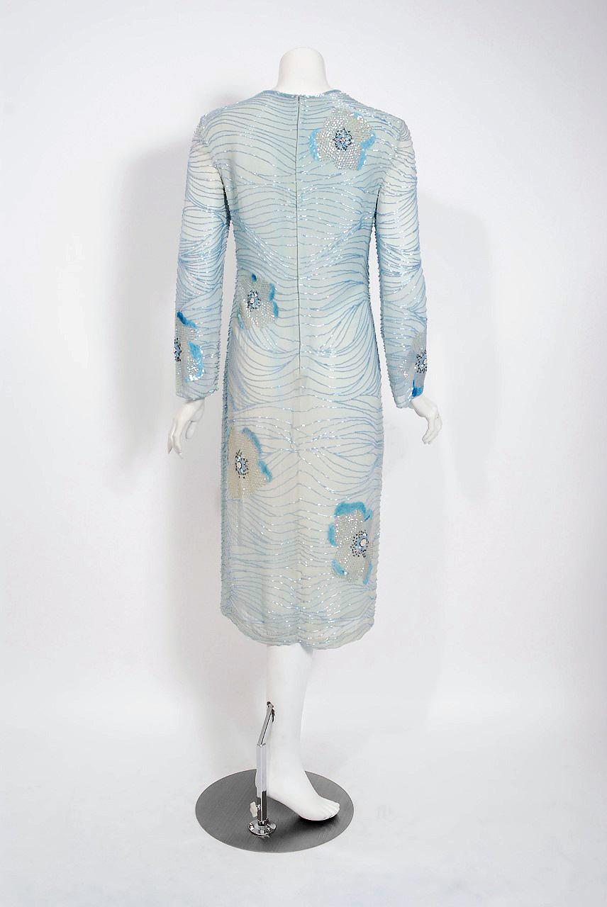 Vintage 1970's Halston Couture Blue Beaded Floral Silk Crepe Long-Sleeve Dress For Sale 1