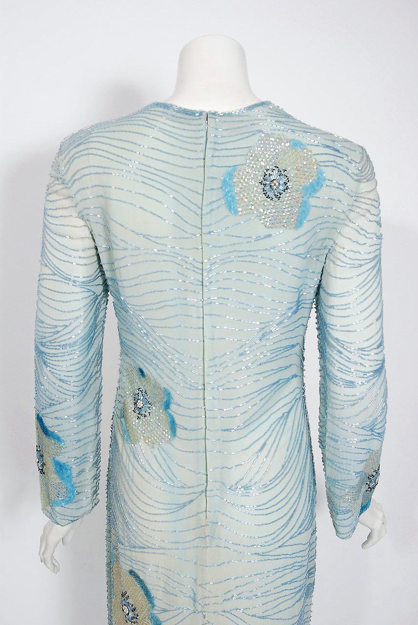 Vintage 1970's Halston Couture Blue Beaded Floral Silk Crepe Long-Sleeve Dress For Sale 2