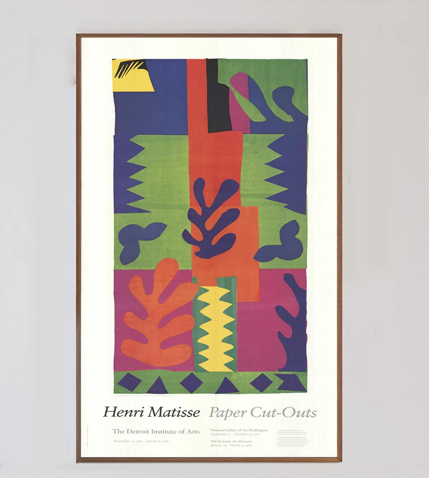 Gorgeous poster depicting a 1950 artwork from the groundbreaking paper cut-out series, this poster was created to promote an exhibition of the great Henri Matisse at the Detroit Institute of Arts. Running from November 1977 to January 1978 the
