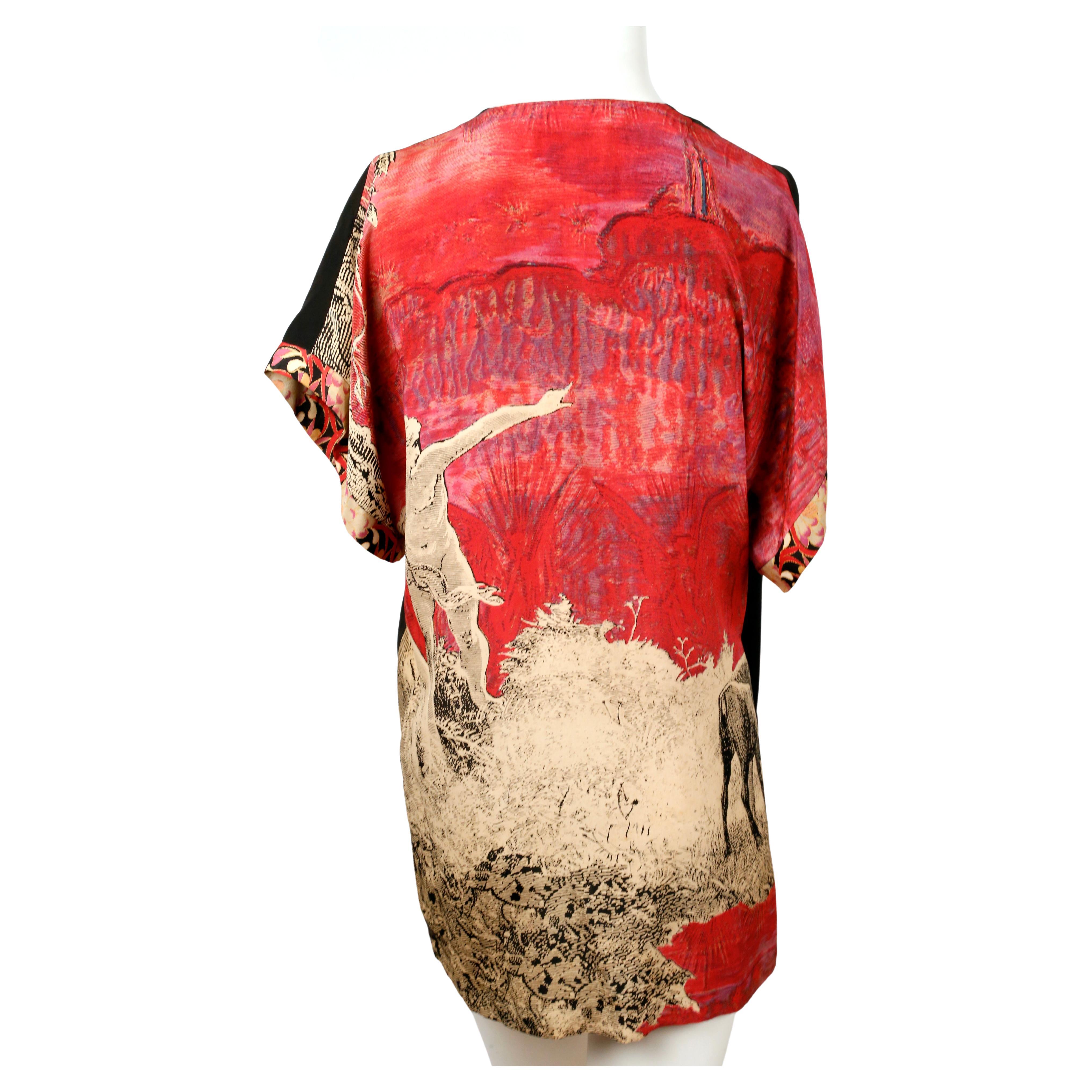 Very rare, silk kimono top with front trim print and back panel print designed by Issey Miyake with artwork by Tadanori Yokoo as seen on the spring of 1977 runway. The artwork is called 'Paradise Lost' and this is an extremely rare piece. Best fits