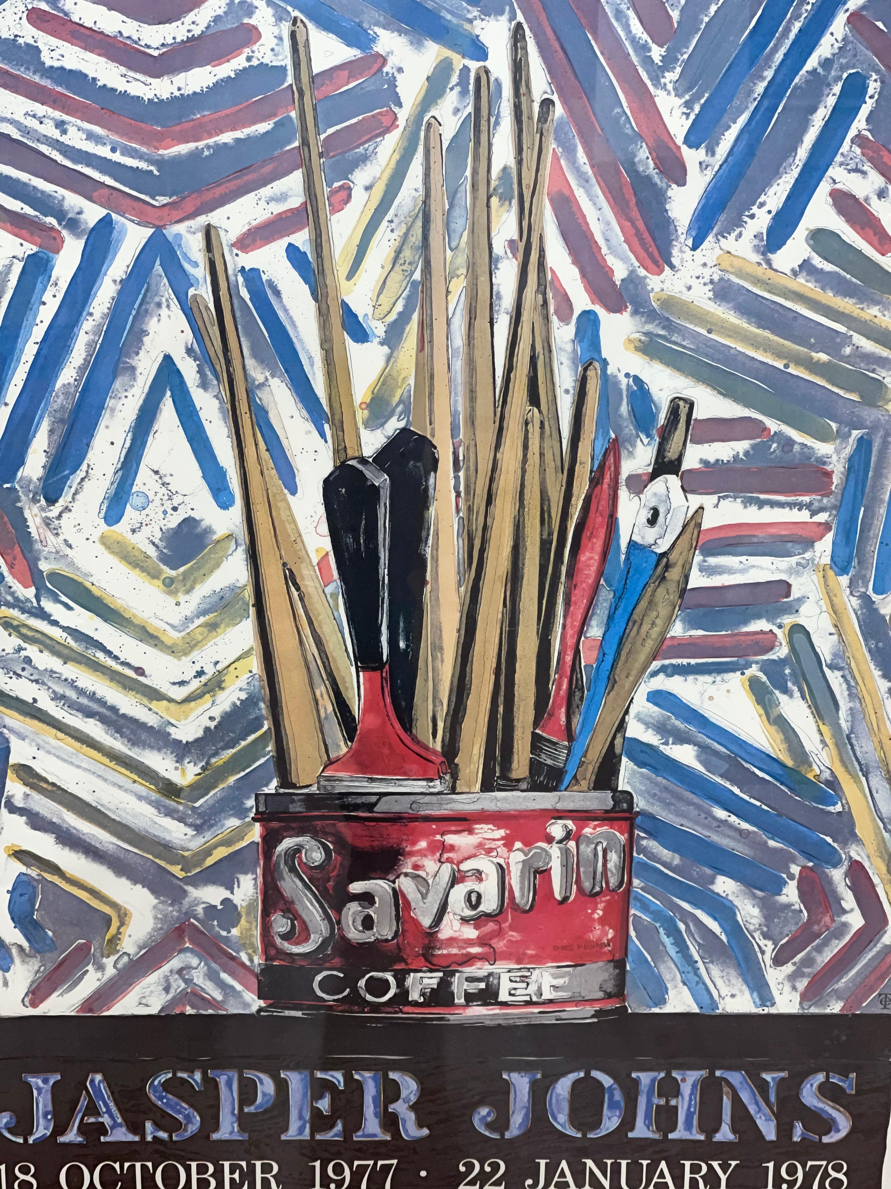 Affiche frappante de l'exposition de 1977 des œuvres de Jasper John au Whitney Museum de New York. Joliment emballé dans un cadre d'époque avec un support en bois. En bon état général, bien que le cadre présente quelques marques. Il porte un