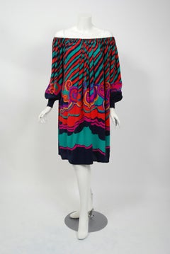 1977 Lanvin Couture Colorful Print Silk Off-Shoulder Billow Sleeve Tunic Dress