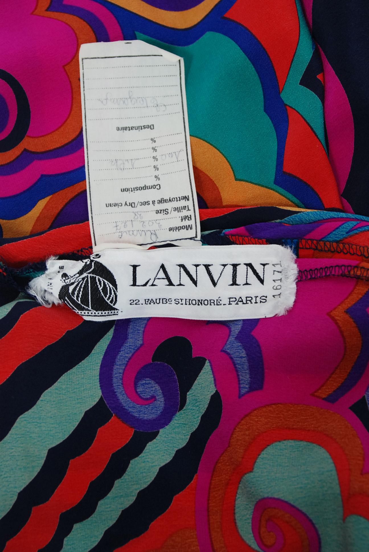 1977 Lanvin Couture Colorful Print Silk Off-Shoulder Billow Sleeve Tunic Dress 3