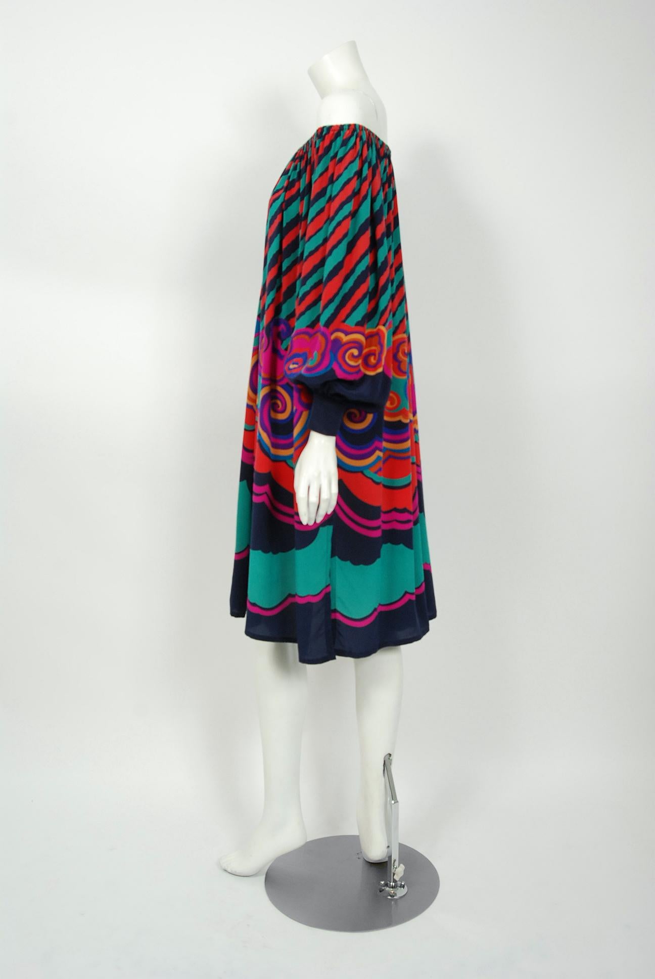 Women's 1977 Lanvin Couture Colorful Print Silk Off-Shoulder Billow Sleeve Tunic Dress