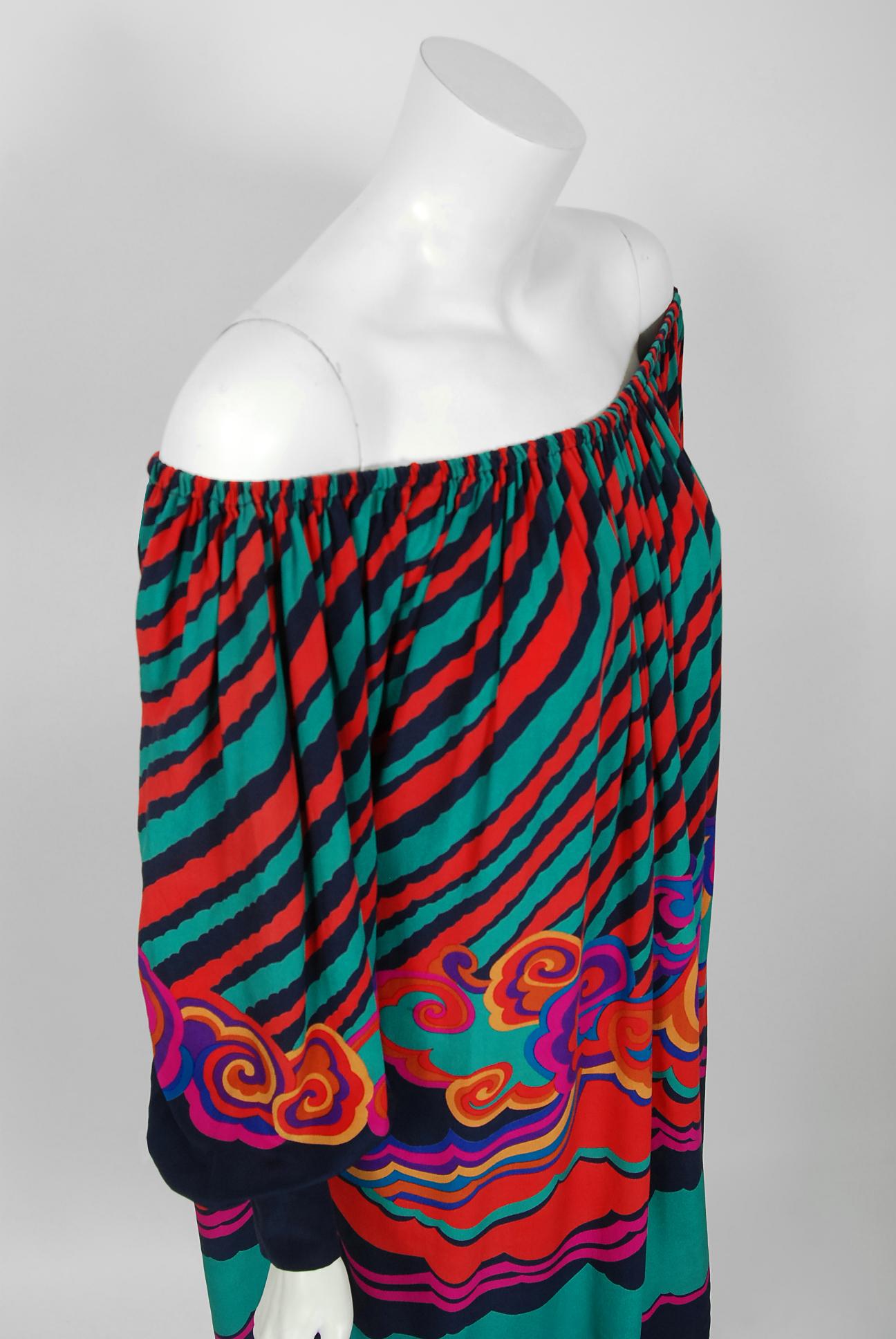 Black 1977 Lanvin Couture Colorful Print Silk Off-Shoulder Billow Sleeve Tunic Dress