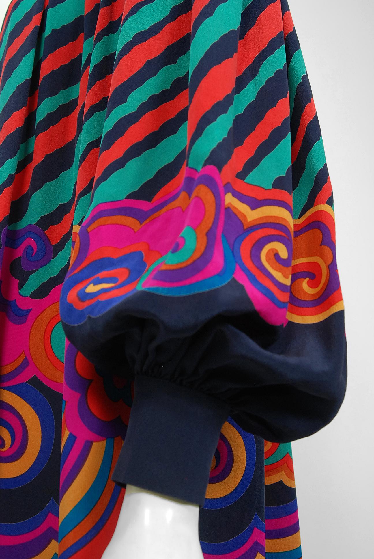 1977 Lanvin Couture Colorful Print Silk Off-Shoulder Billow Sleeve Tunic Dress In Excellent Condition In Beverly Hills, CA