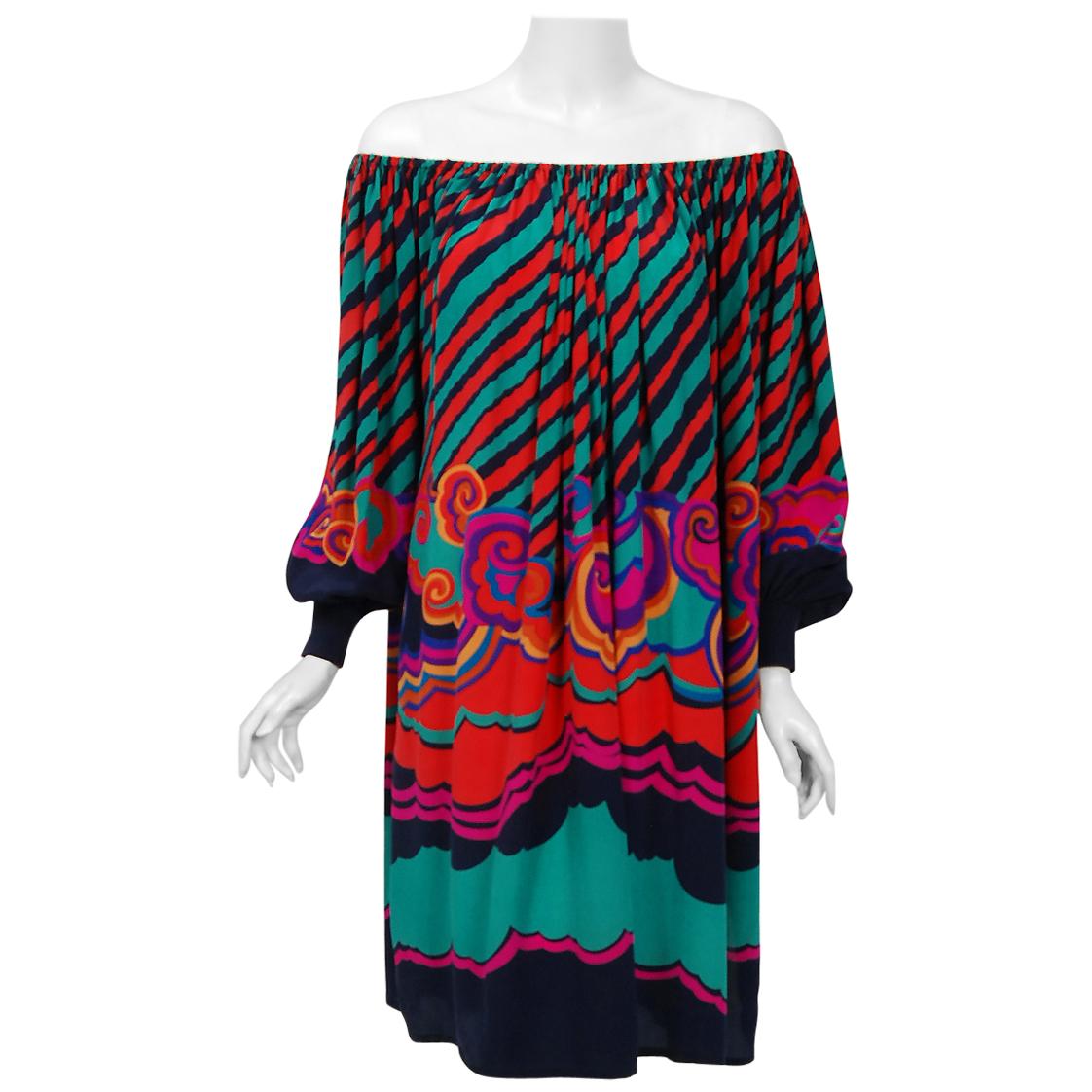 1977 Lanvin Couture Colorful Print Silk Off-Shoulder Billow Sleeve Tunic Dress