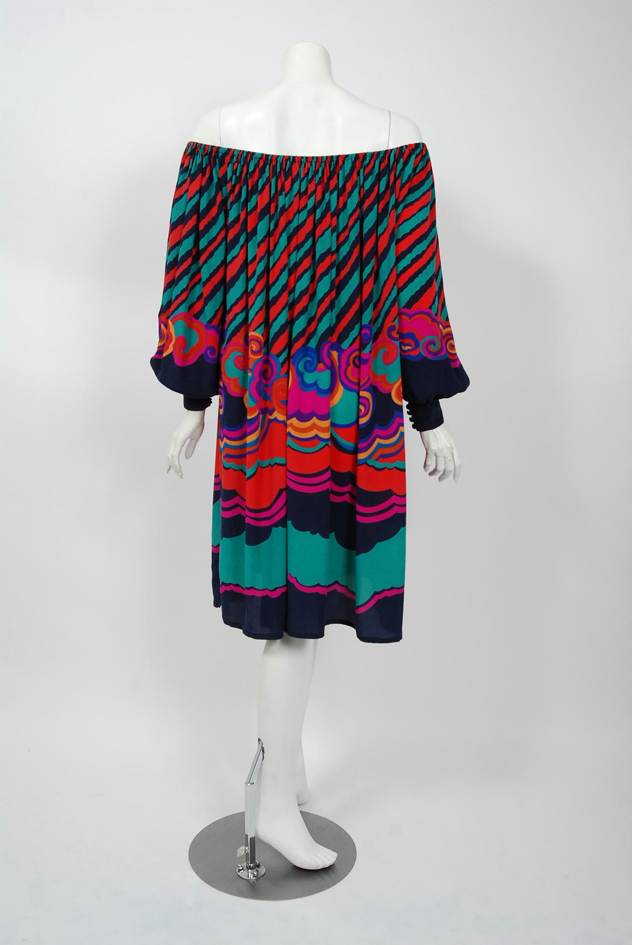 1977 Lanvin Couture Colorful Print Silk Off-Shoulder Billow Sleeve Tunic Dress 2