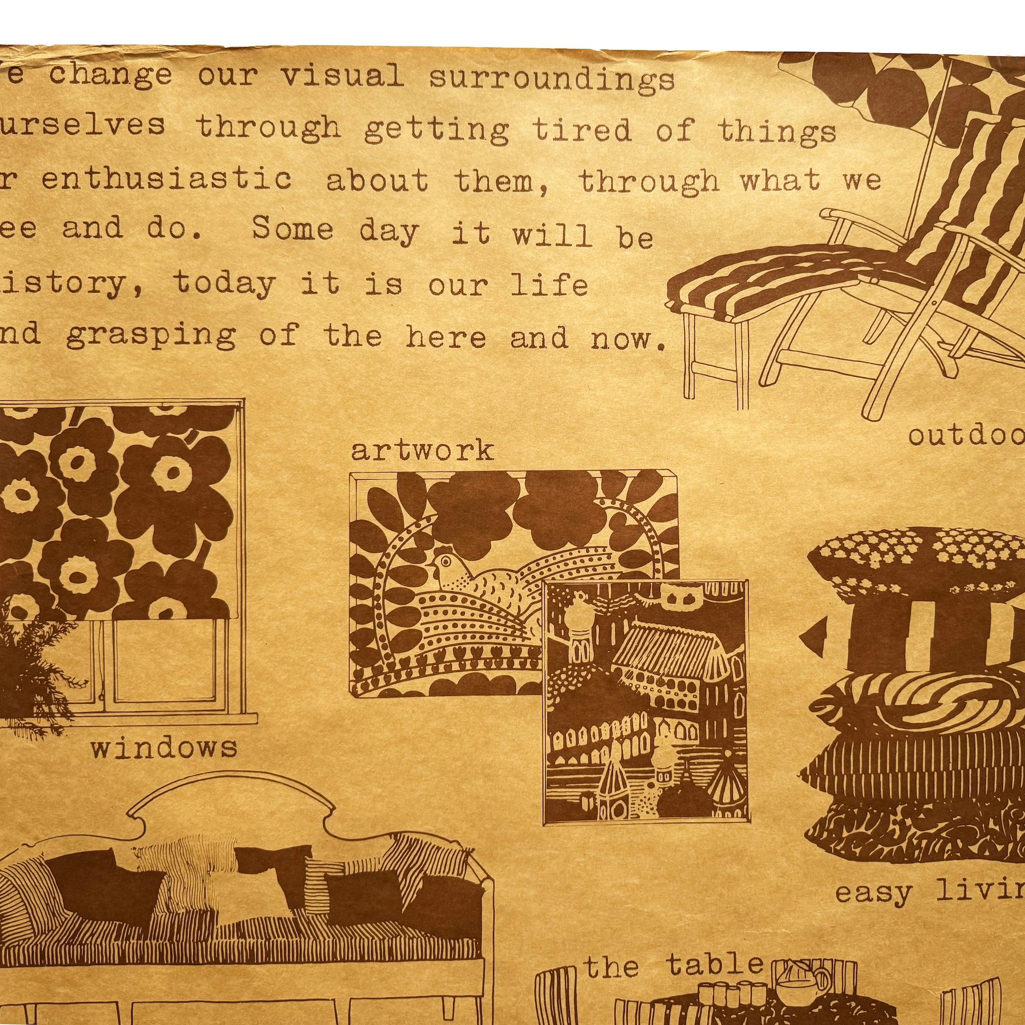 Dans le cadre des efforts continus de Marimekko pour promouvoir la marque dans le monde entier, cette pièce fait partie d'une série d'affiches envoyées aux distributeurs, à la presse et aux agents, axées sur les designs de l'entreprise.  Comme ils