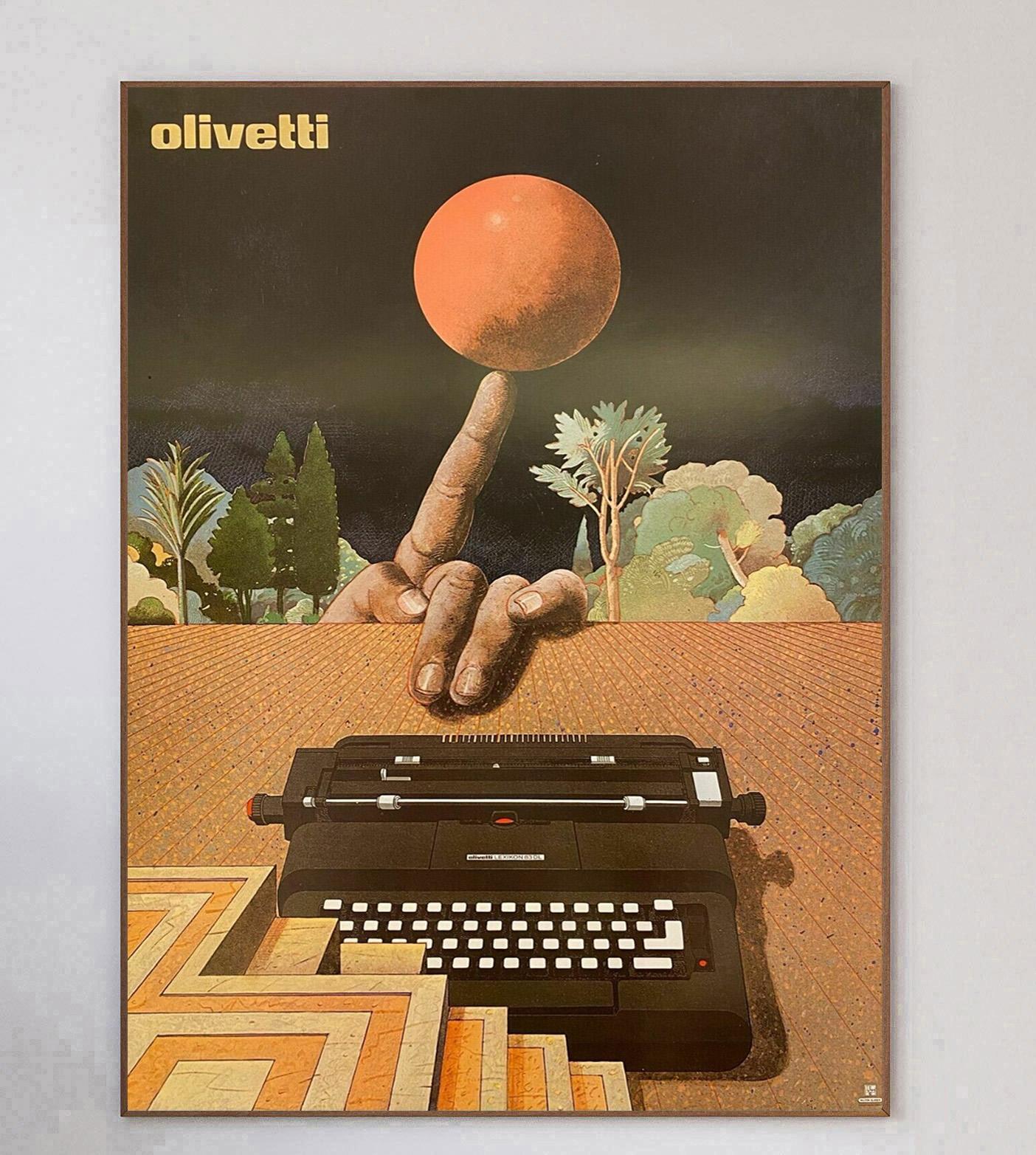 Featuring gorgeous artwork by the American designer Milton Glaser, this beautiful 1977 poster was created in promotion of Italian typewriter brand Olivetti. Featuring typical Glaser illustration, the piece has warm colour and features the Lexikon 83