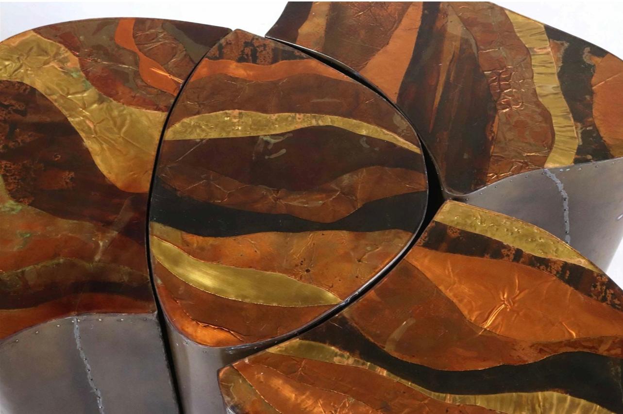 Wonderful 4 part mixed metal and resin coffee table that is signed and dated on each section. In the Brutalist style. We can't make out the signature. Great form and color, the pieces are movable so that the table can take on different
