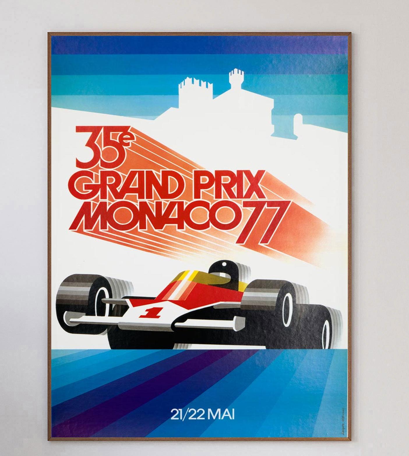Cette affiche est celle du Grand Prix de Monaco 1977, avec la brillante illustration de Carpenter. L'œuvre d'art vibrante et moderne représente la vitesse des coureurs.

Le Grand Prix de Monaco 1977 a eu lieu le 22 mai 1977 et a été remporté par
