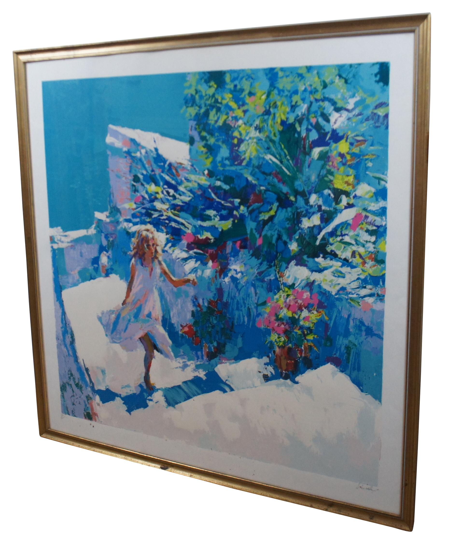 Vintage 1977-1978 limited edition serigraph print by Nicola Simbari titled “Taormina,” showing a young woman or girl in white dress ascending a stairs lined with flowers; pencil signed and numbered 64/300. “Nicola Simbari is a painter of