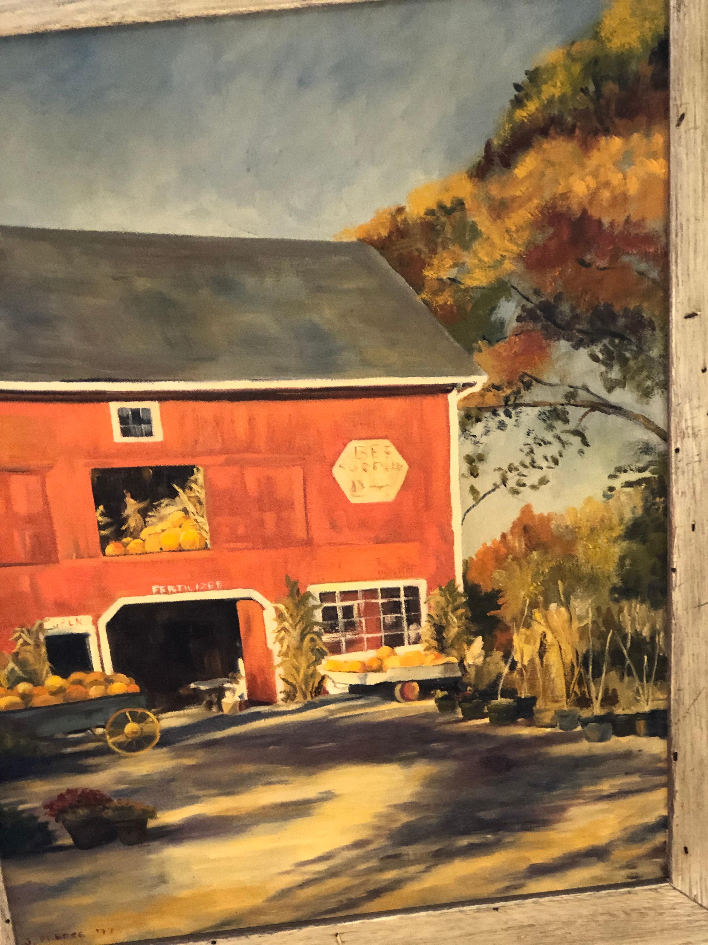 1977 Oil on Canvas of Autumn Landscape with Red Barn by J. Preece For Sale 6