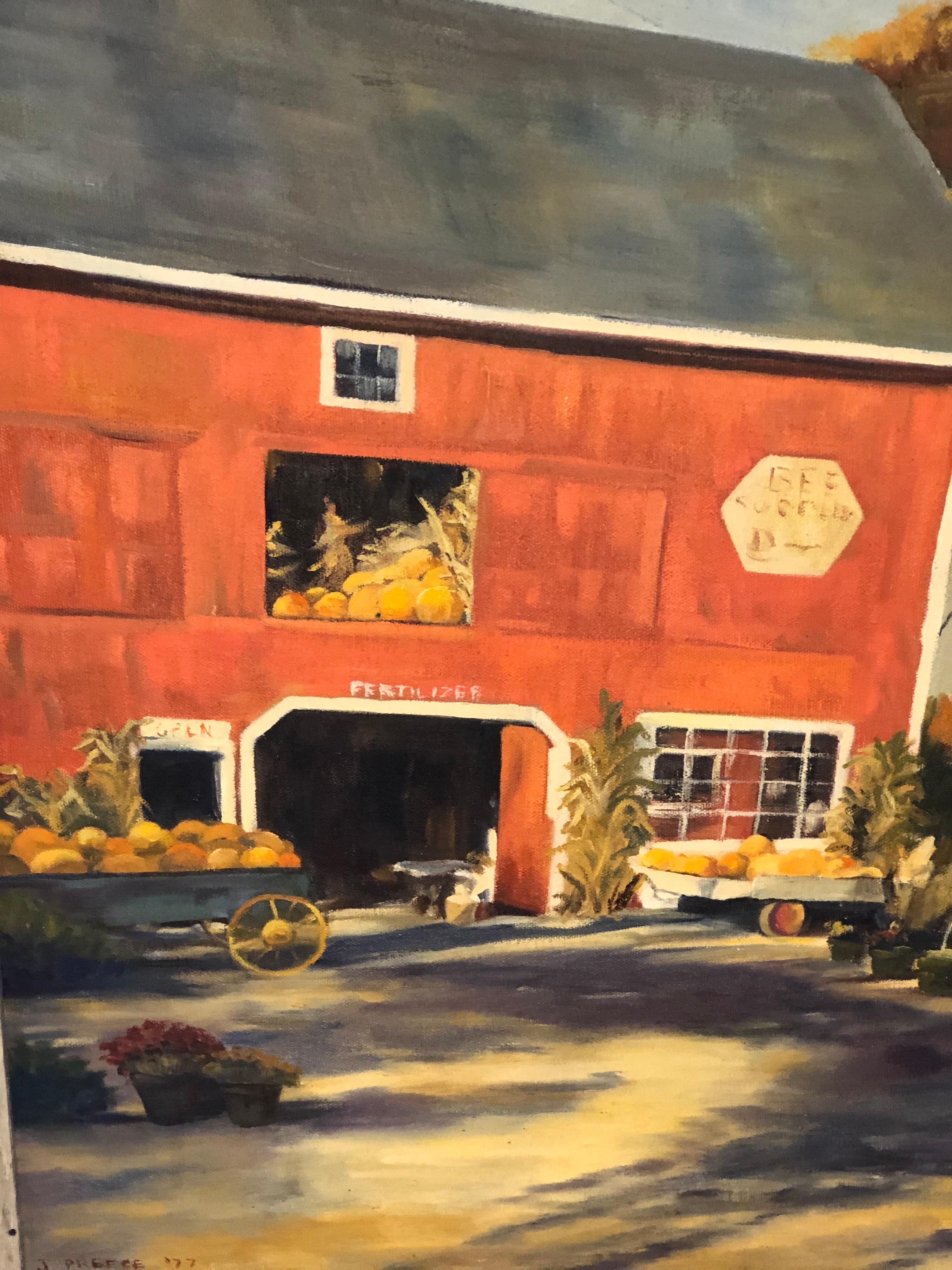Peinture à l’huile sur toile d’un paysage d’automne avec grange rouge de J. Preece, 1977 en vente 7