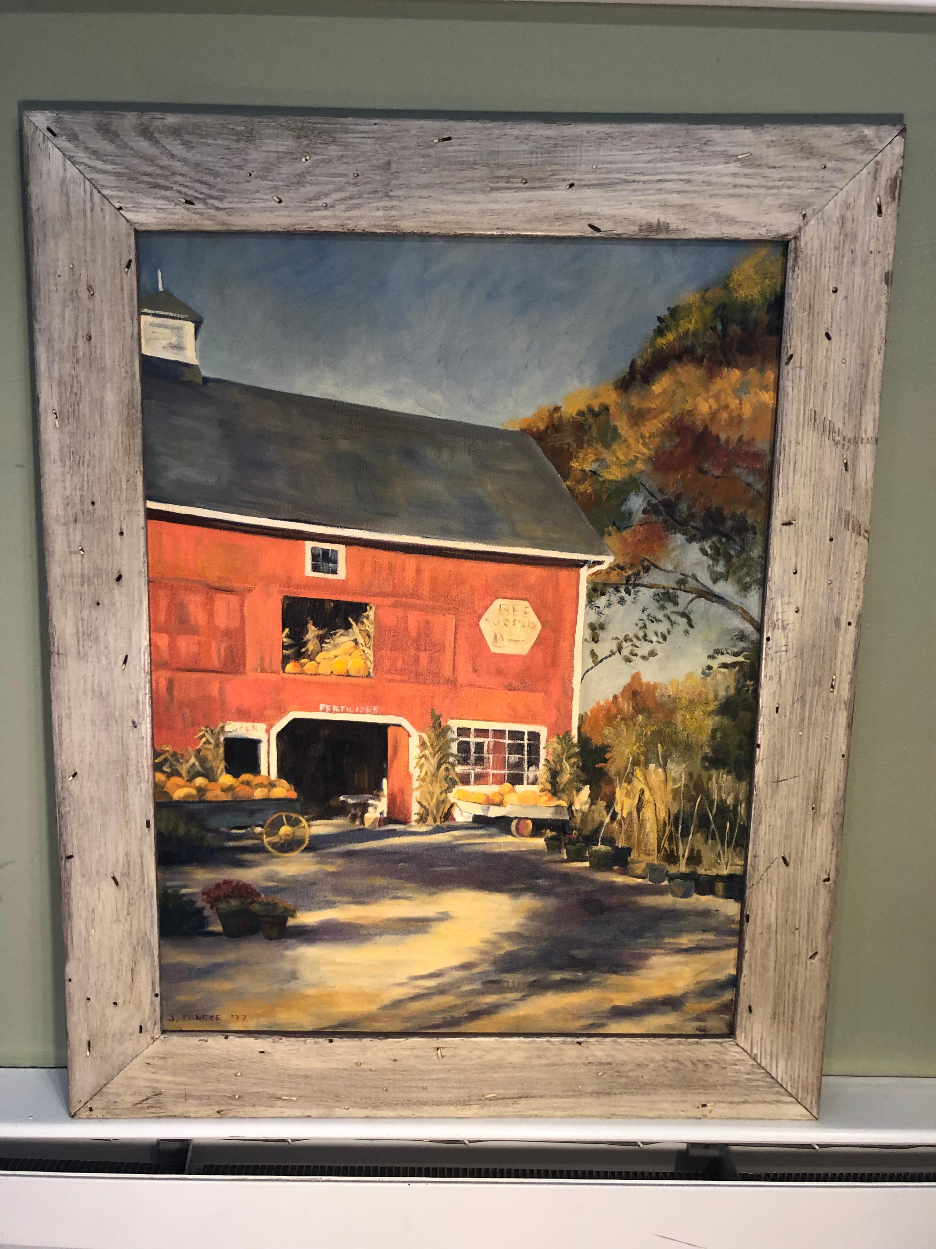 1977 oil on canvas of Autumn landscape with red barn by J. Preece. Bucolic country farm scene with traditional red barn nursery. Potted trees ,bales of hay and carts full of pumpkins make up this composition. Sign on buildings suggests they sell bee