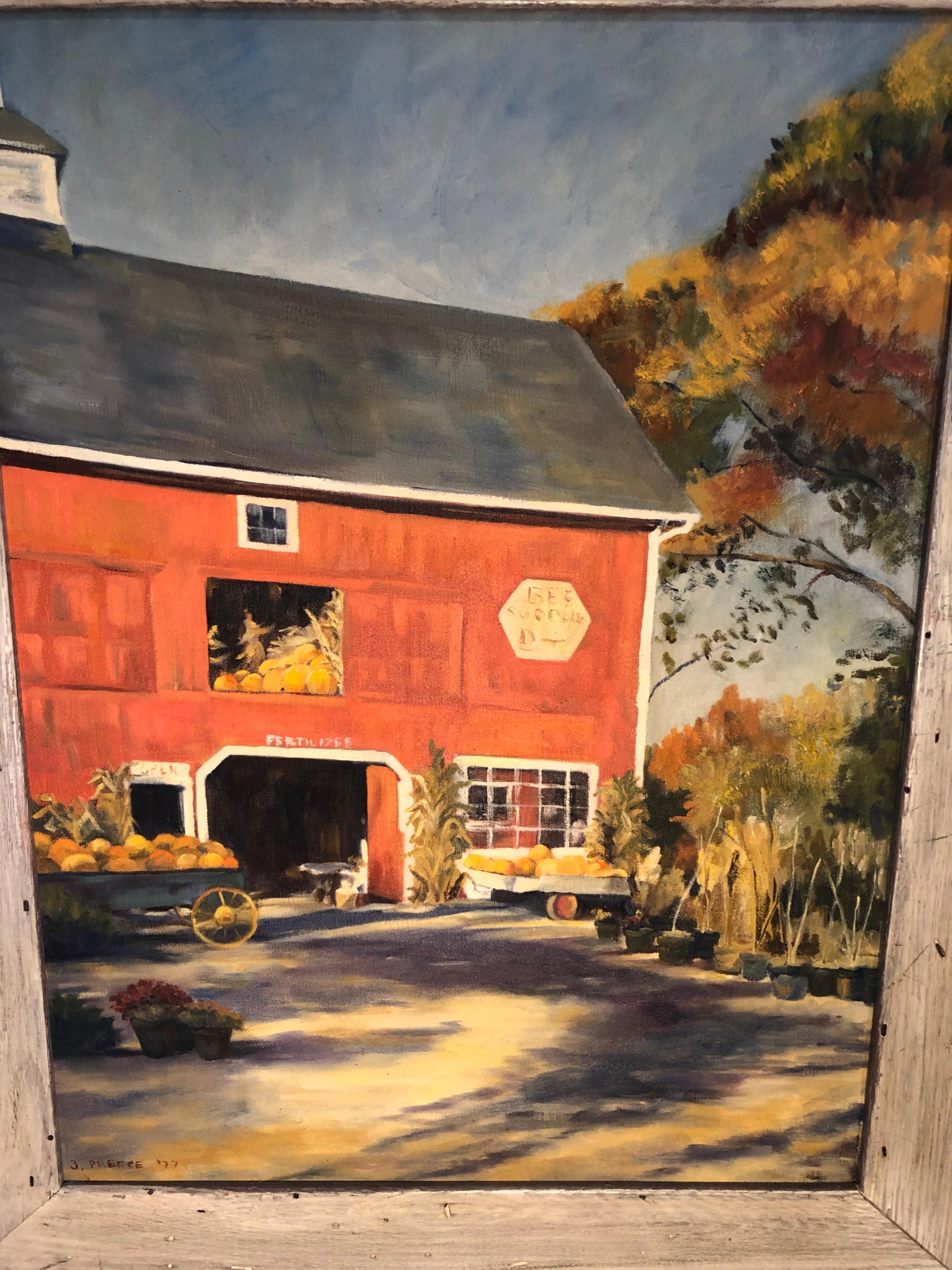 Country Peinture à l’huile sur toile d’un paysage d’automne avec grange rouge de J. Preece, 1977 en vente
