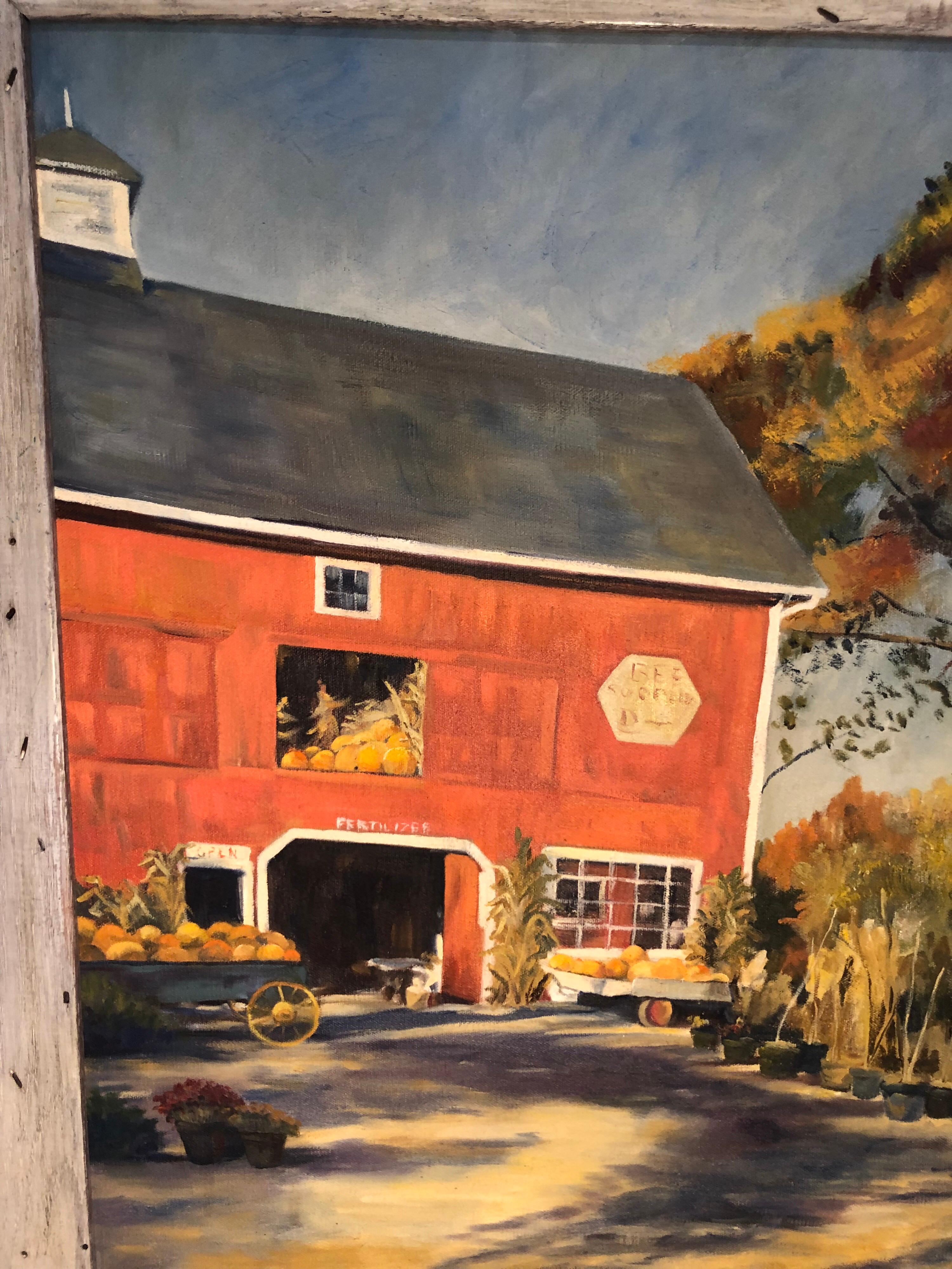 Peinture à l’huile sur toile d’un paysage d’automne avec grange rouge de J. Preece, 1977 Excellent état - En vente à Redding, CT