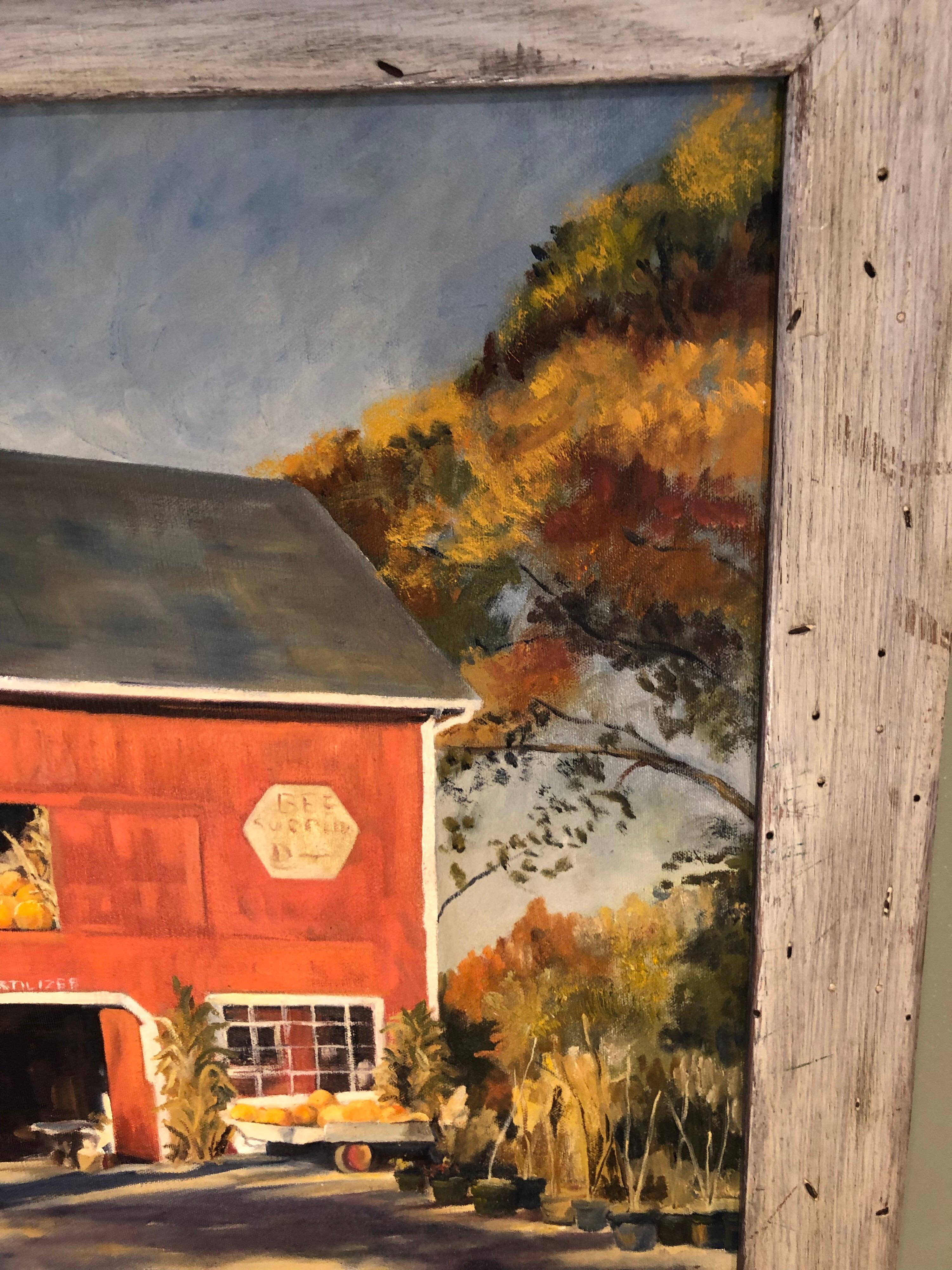 Fin du 20e siècle Peinture à l’huile sur toile d’un paysage d’automne avec grange rouge de J. Preece, 1977 en vente