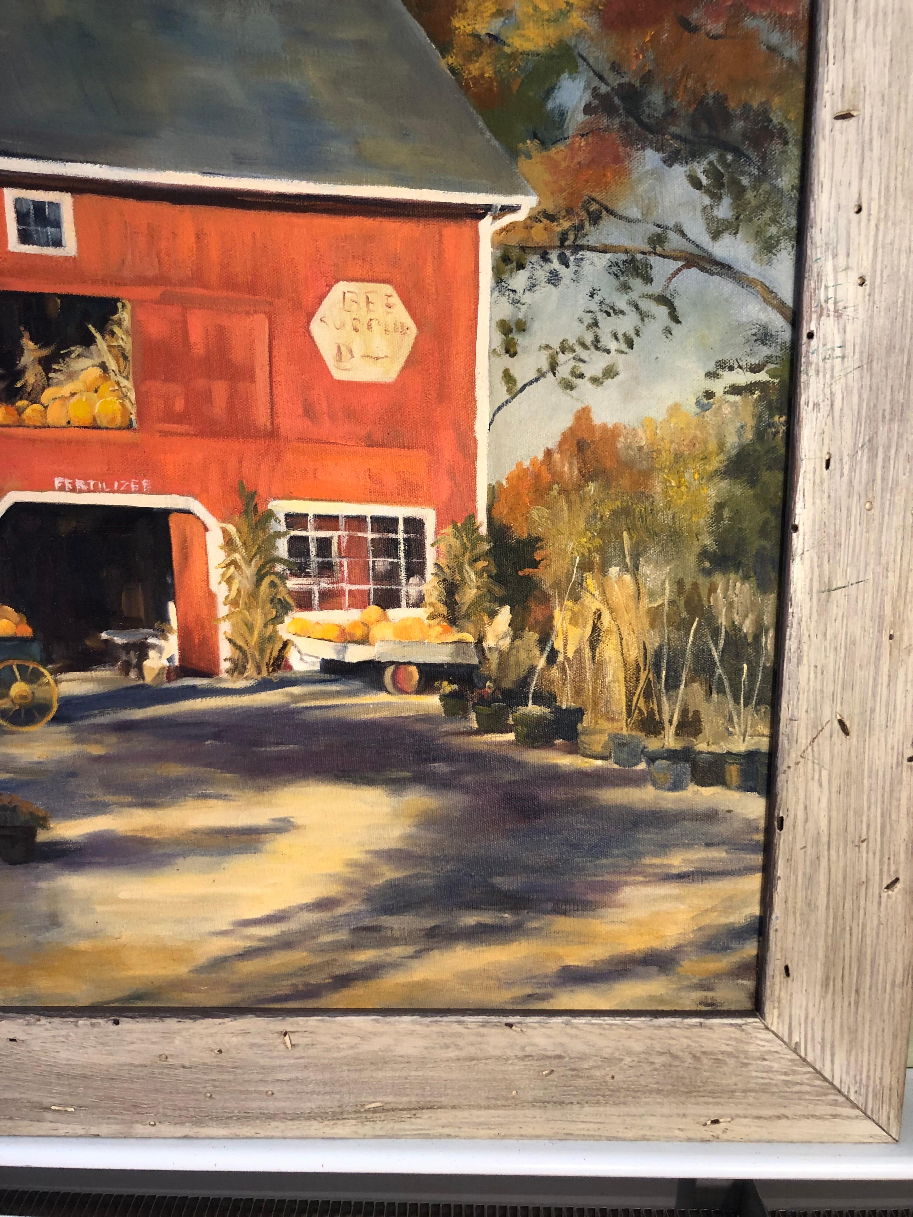 Toile Peinture à l’huile sur toile d’un paysage d’automne avec grange rouge de J. Preece, 1977 en vente
