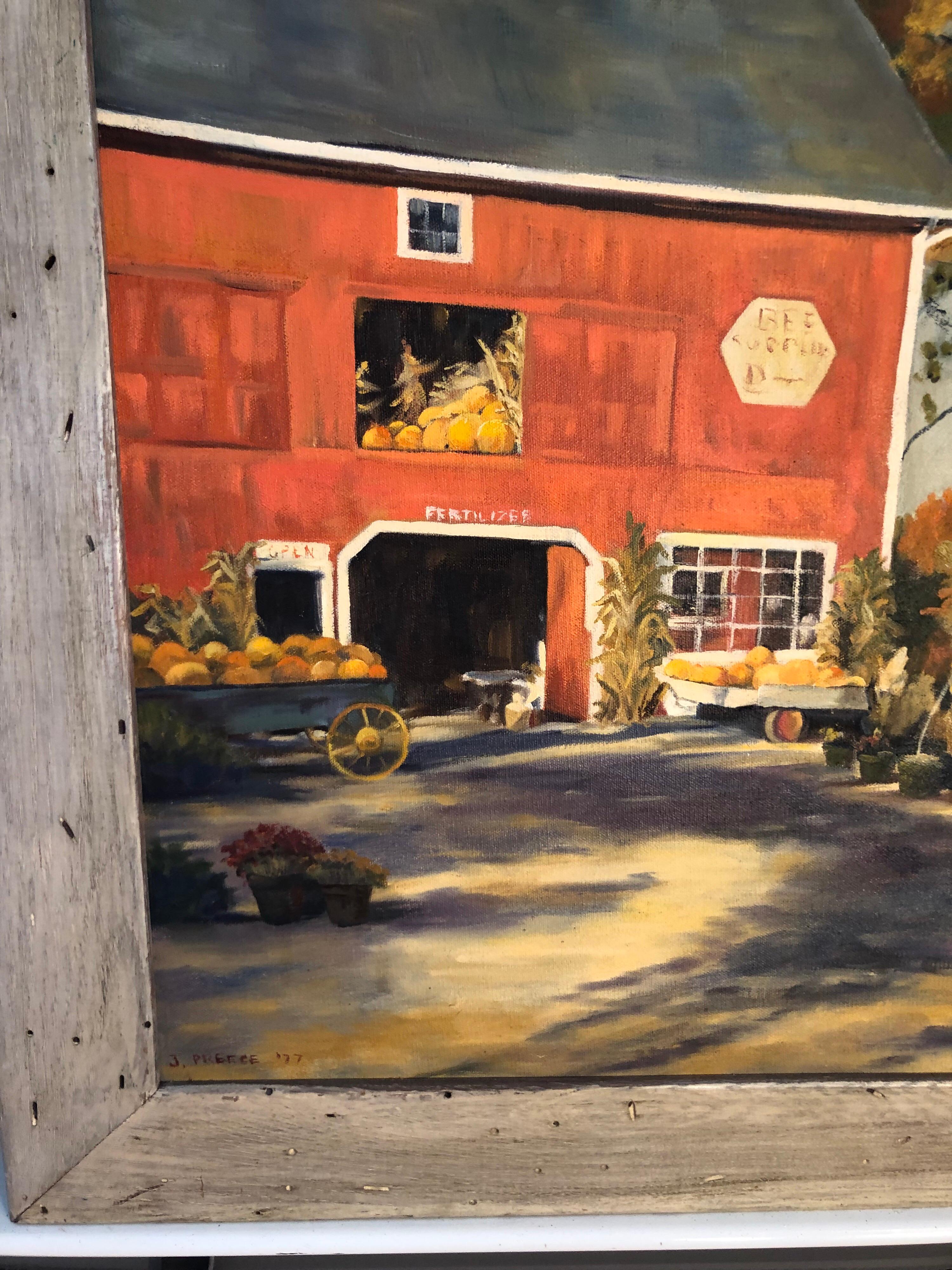 Peinture à l’huile sur toile d’un paysage d’automne avec grange rouge de J. Preece, 1977 en vente 1