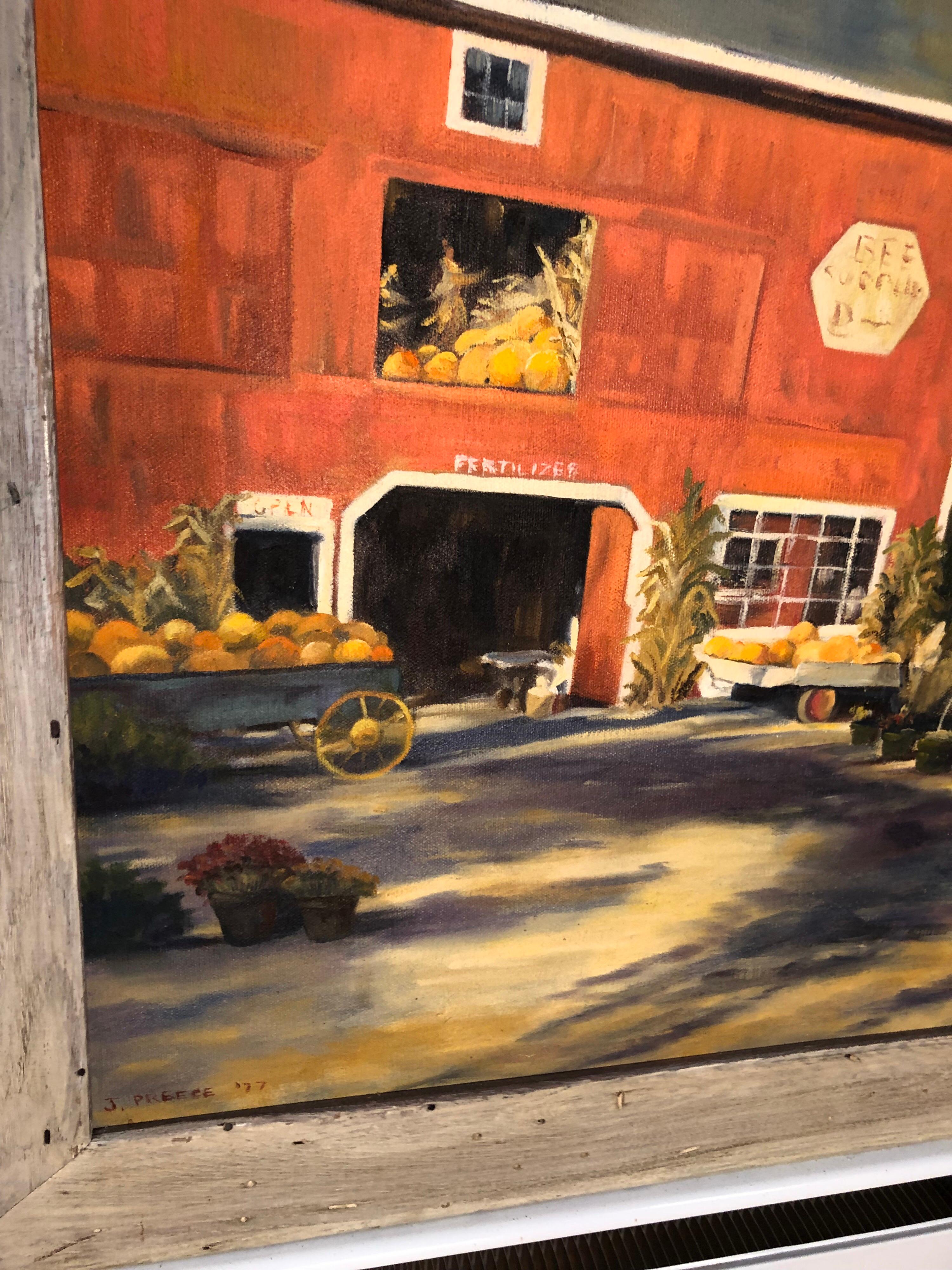 Peinture à l’huile sur toile d’un paysage d’automne avec grange rouge de J. Preece, 1977 en vente 3