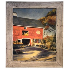 1977 Oil on Canvas of Autumn Landscape with Red Barn by J. Preece