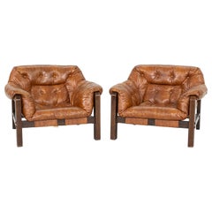 1977 Pair of Percival Lafer Style Sling Lounge Chairs Naugahyde & Stained Walnut
