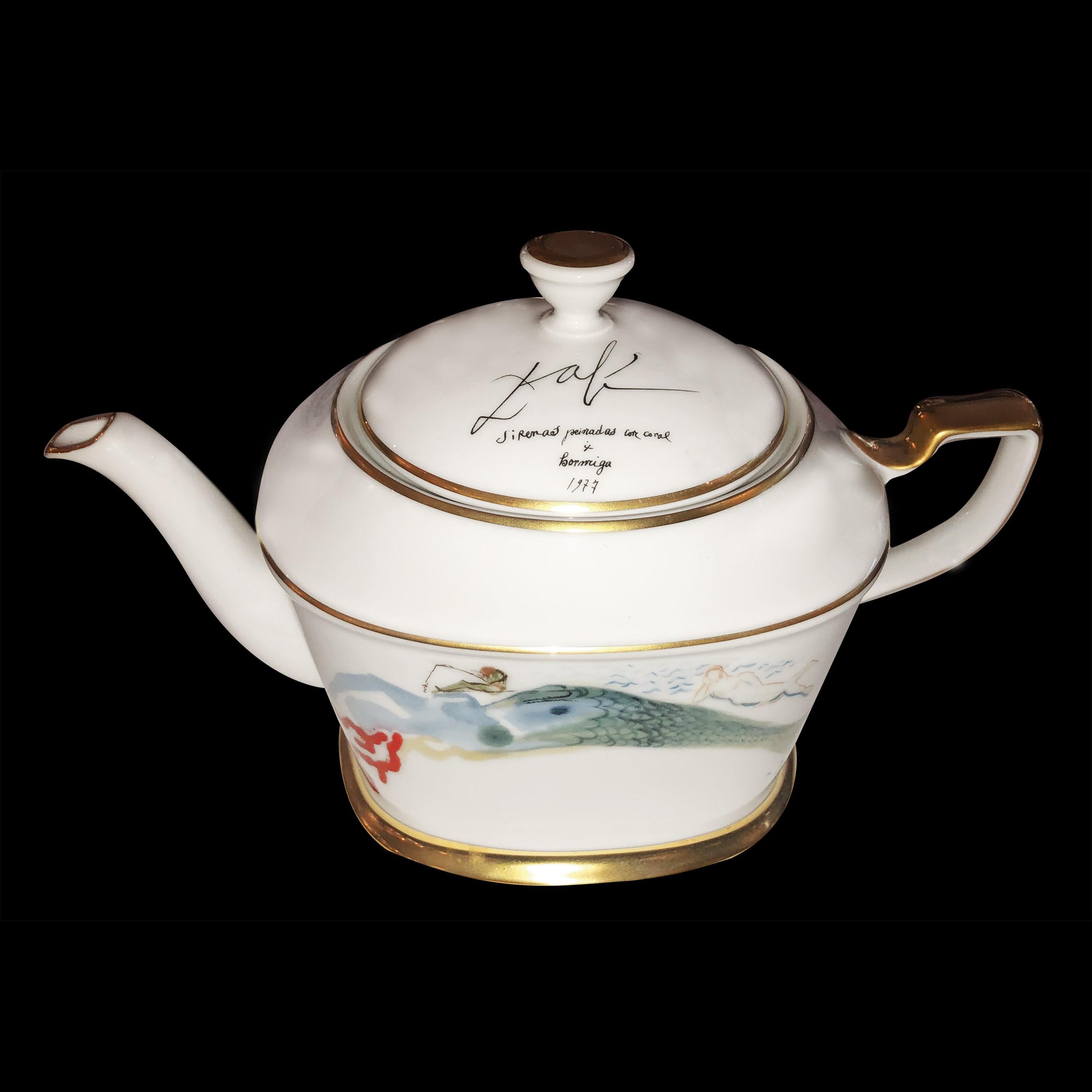 Salvador Dalí (1904-1989) world-famous Spanish painter, graphic artist, and sculptor of surrealism, designed this 1977 porcelain edition painted tea service porcelain for 8 persons with 24-karat gold trim, 
Plate signed; on front and back, and