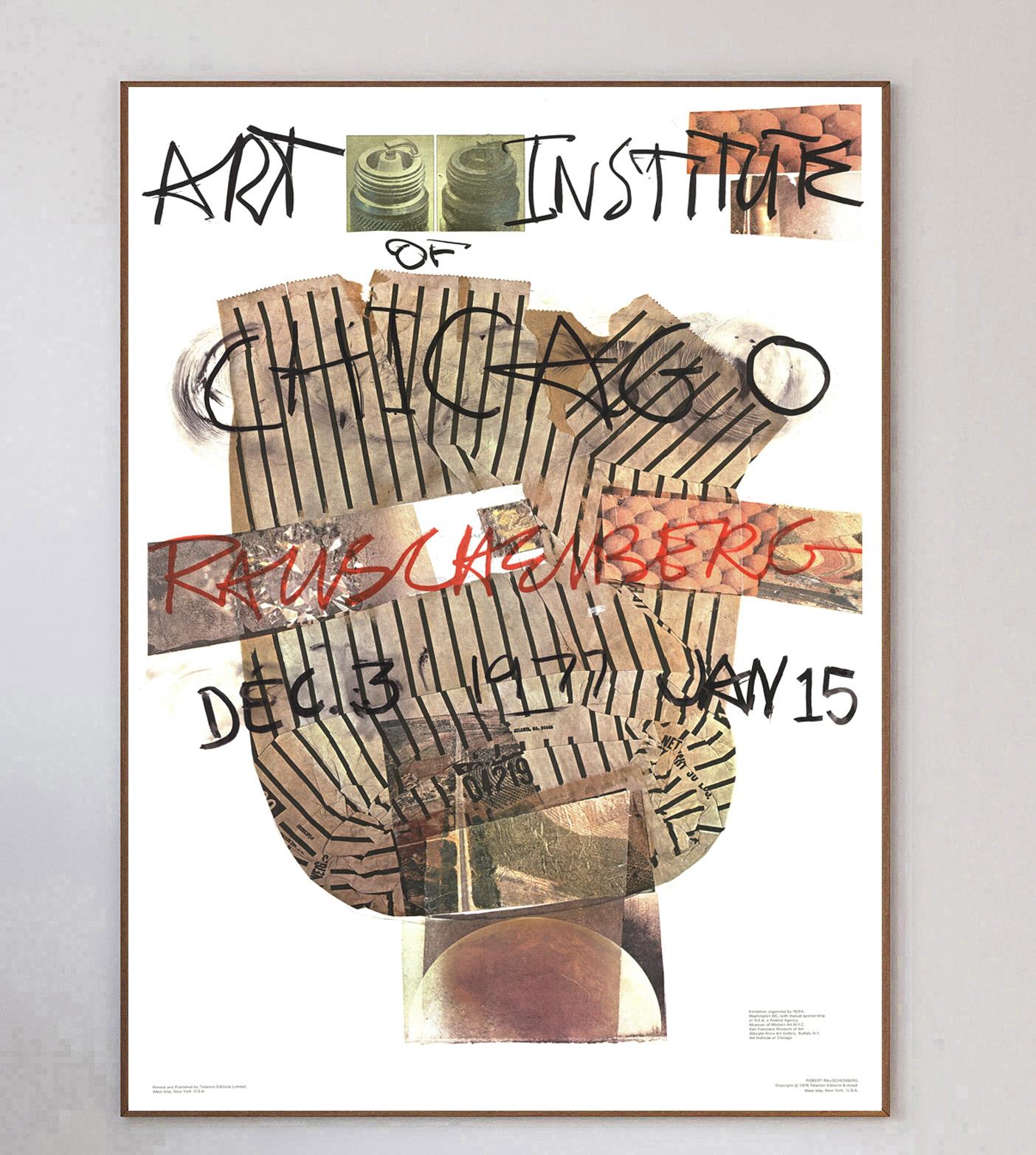 Beautiful and rare exhibition poster for Robert Rauschenberg's exhibition at the famous Art Institute of Chicago in the USA. Held between December 3rd 1977 to January 15th 1978, the solo exhibition retrospective was organised by a number of the
