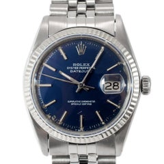 Rolex, montre Datejust 36MM 1601 avec cadran en satin bleu Jubilee en acier inoxydable, 1977