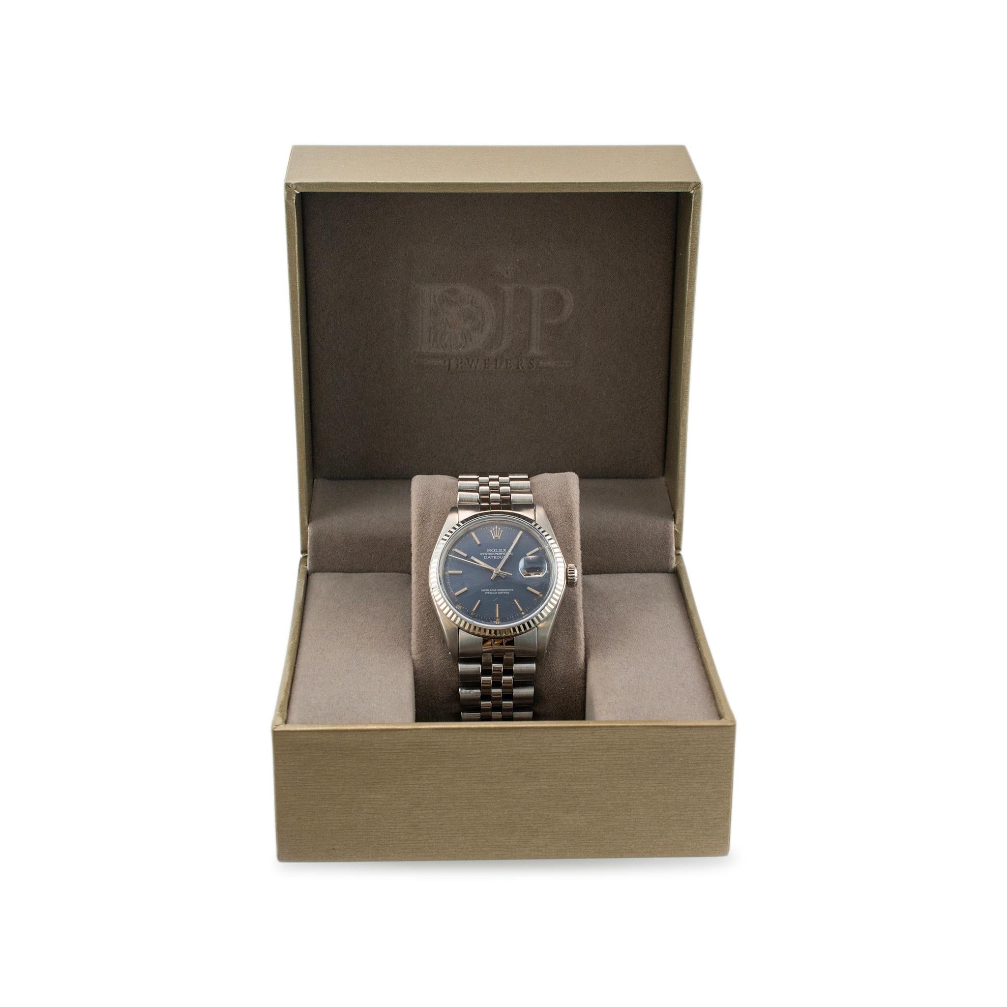 Women's or Men's 1977 Rolex Datejust 36MM 1601 Blue Satin Dial Jubilee Stainless Steel Watch