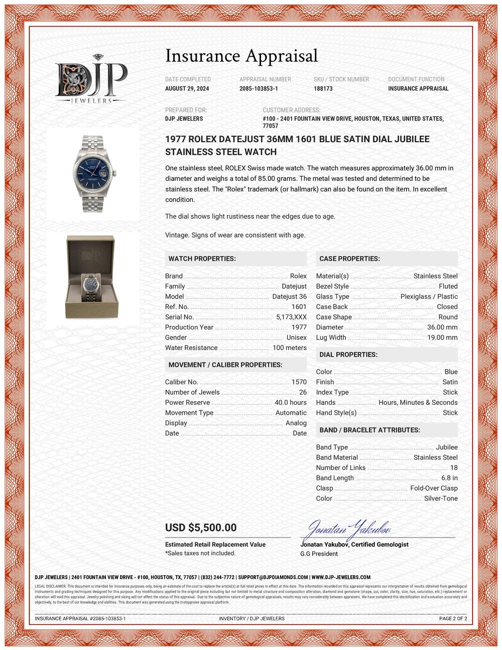 1977 Rolex Datejust 36MM 1601 Blue Satin Dial Jubilee Stainless Steel Watch 2