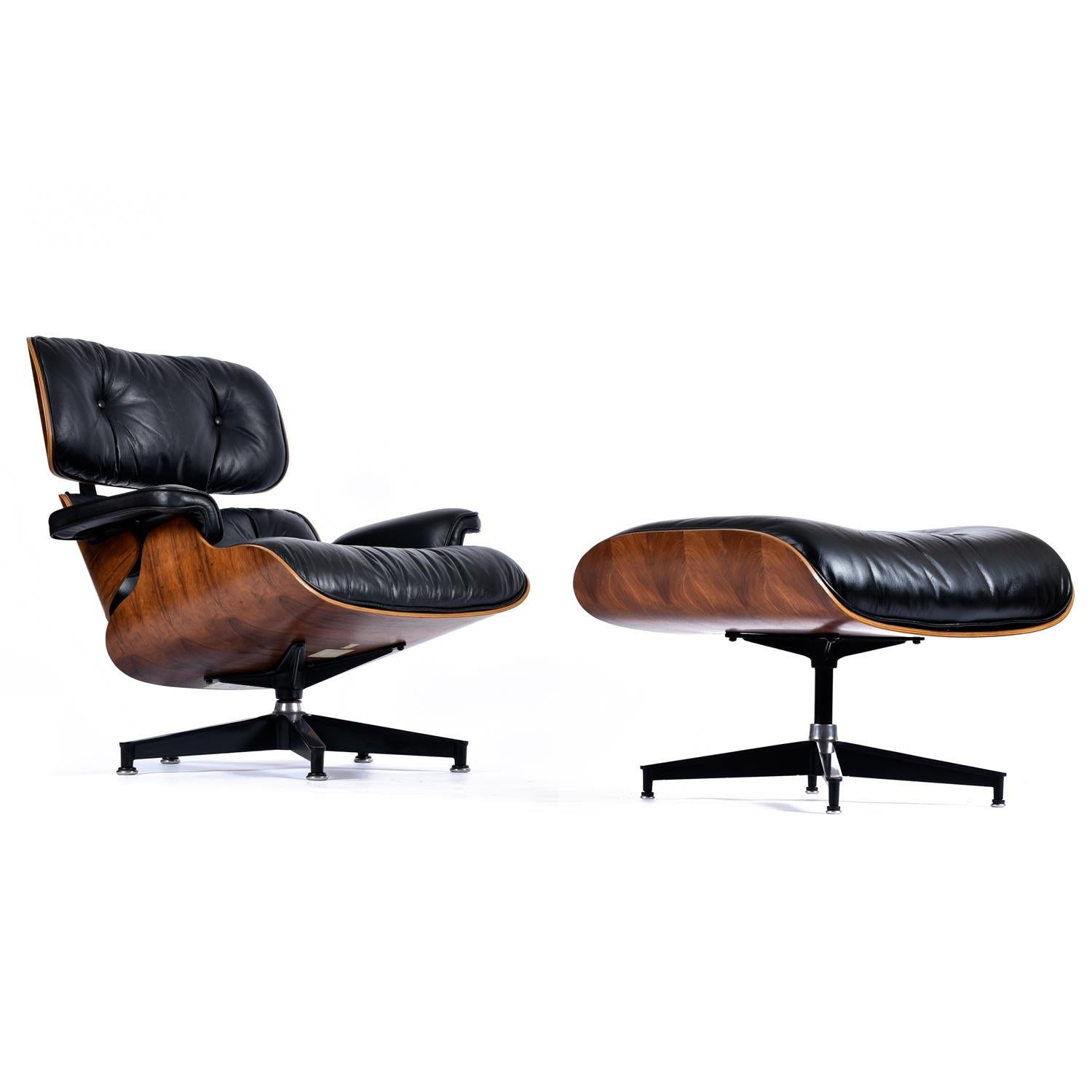 This stunning specimen of Mid-Century Modern history was procured by us from the daughter of the original owner. Both pieces are individually dated 1977. We're quite certain you won't find a more sublime vintage original manifestation of the Eames
