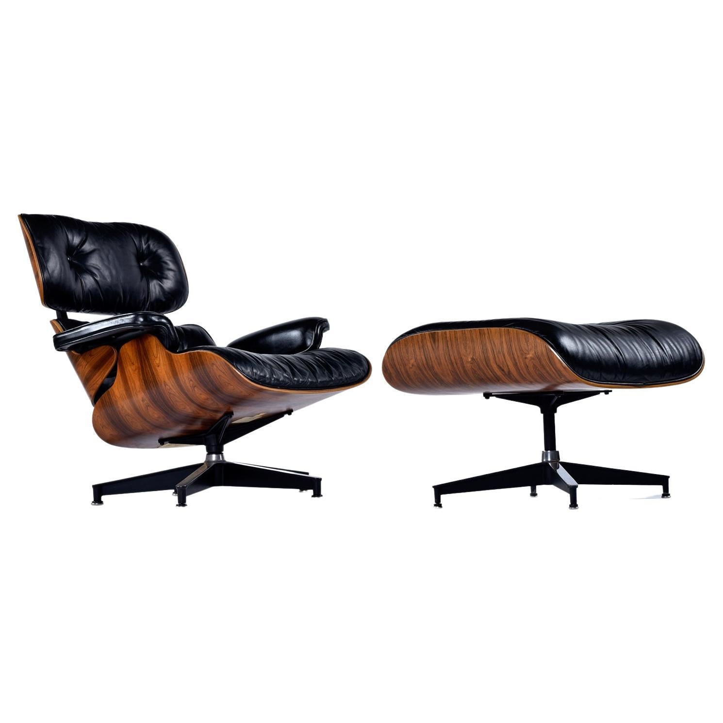 1977 Rosewood Eames Lounge Chair and Ottoman by Herman Miller in Black Leather