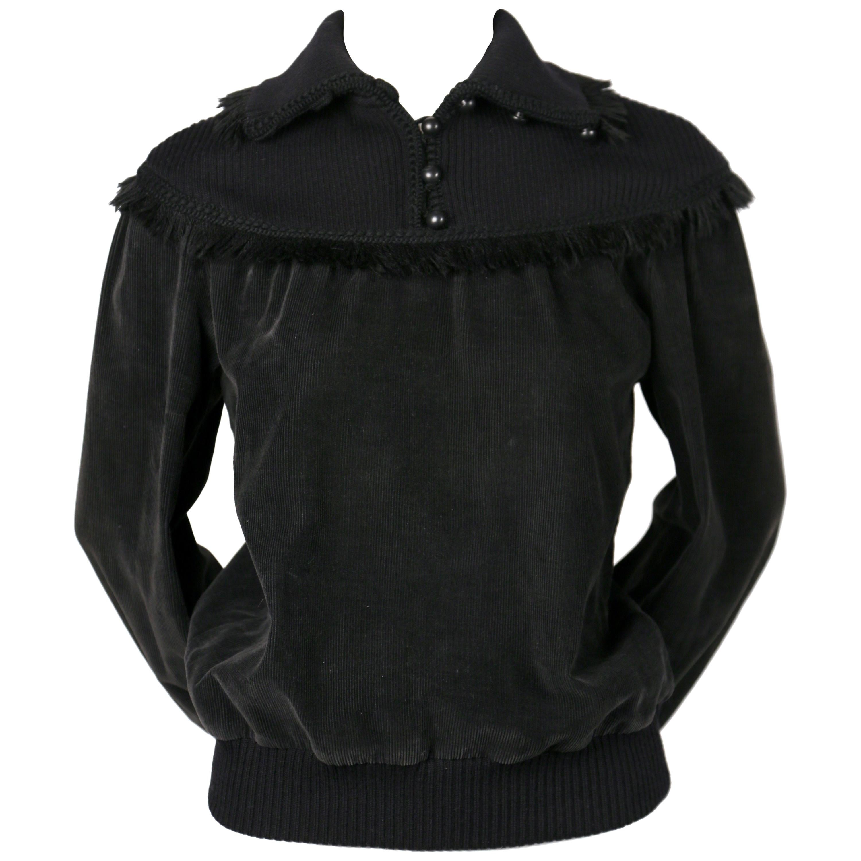 1977 SAINT LAURENT black corduroy RUNWAY sweater top with fringed trim