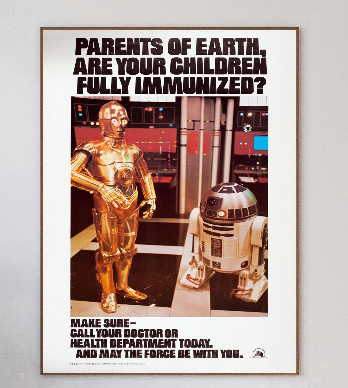 Brillantes und sehr seltenes Plakat von 1977 mit dem kultigen Duo C3-PO und R2-D2 für das US-Gesundheitsministerium. Diese öffentliche Bekanntmachung mit dem Titel 